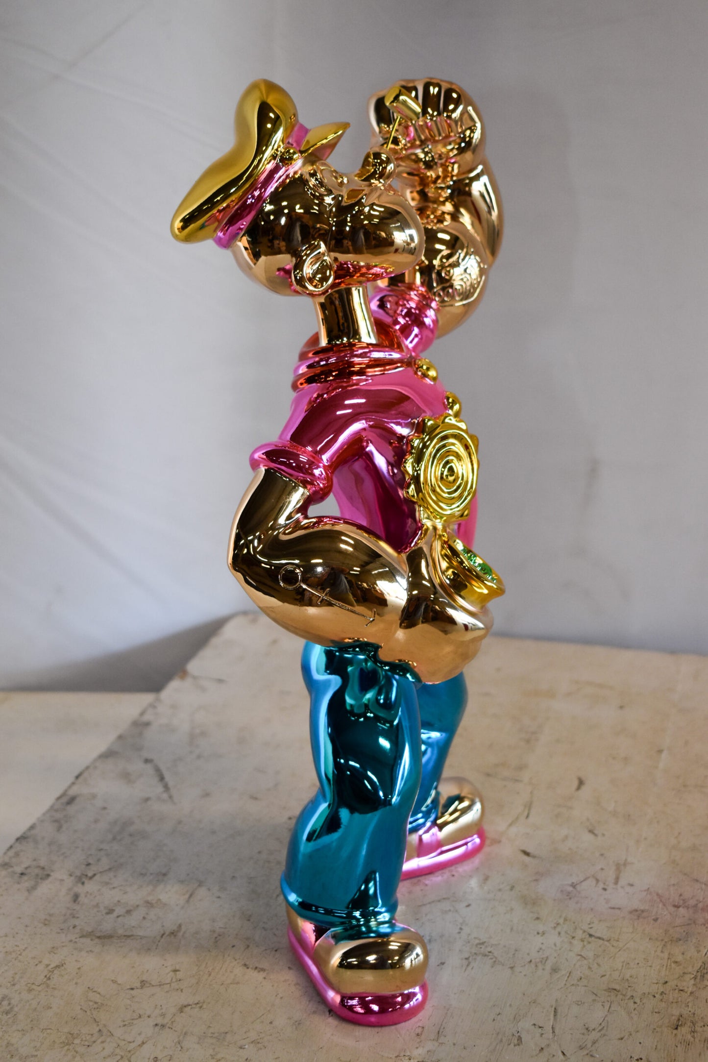 Colorful Chrome Popeye Cartoon in Pink Shirt Statue 12" x 8" x 18"H