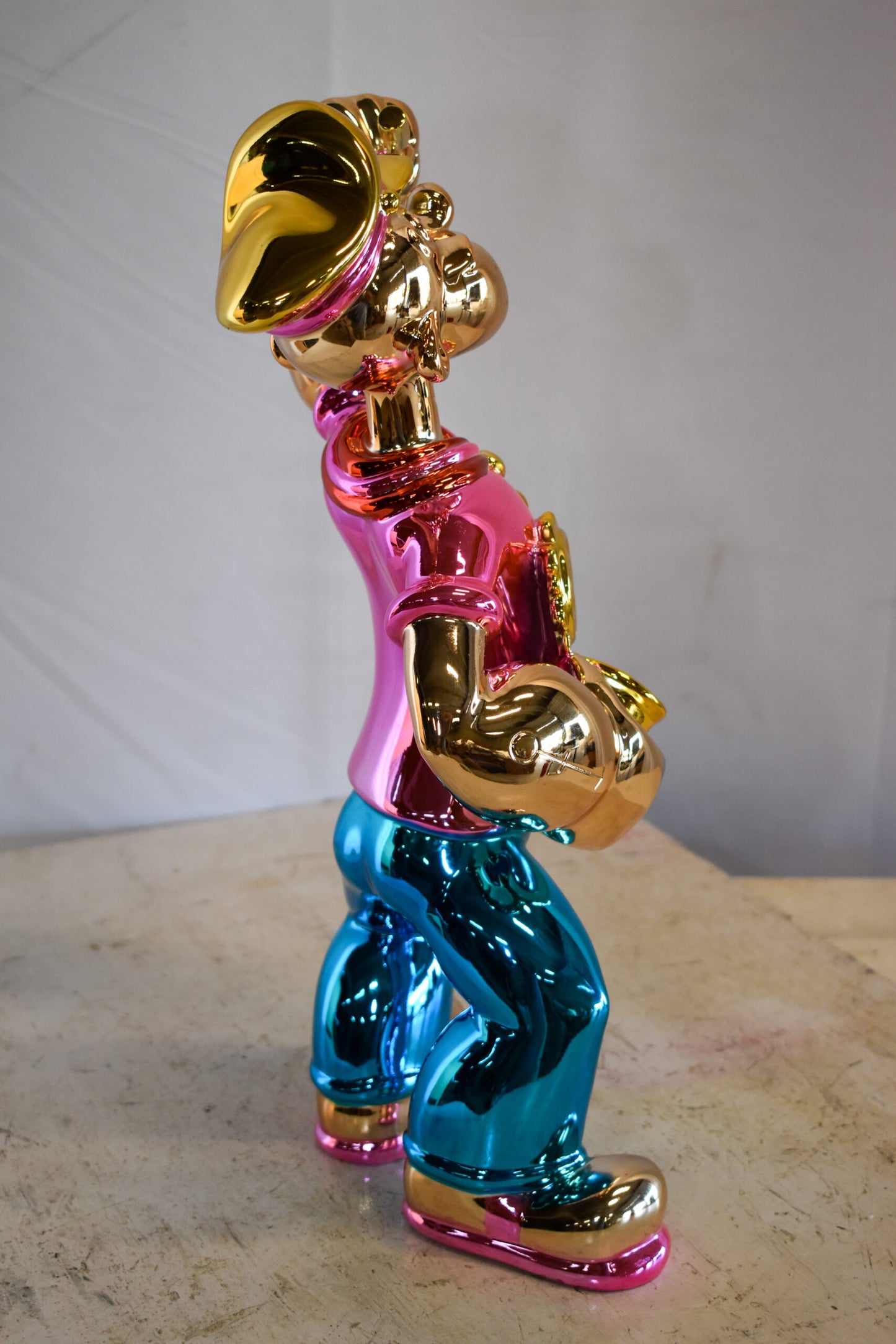 Colorful Chrome Popeye Cartoon in Pink Shirt Statue 12" x 8" x 18"H
