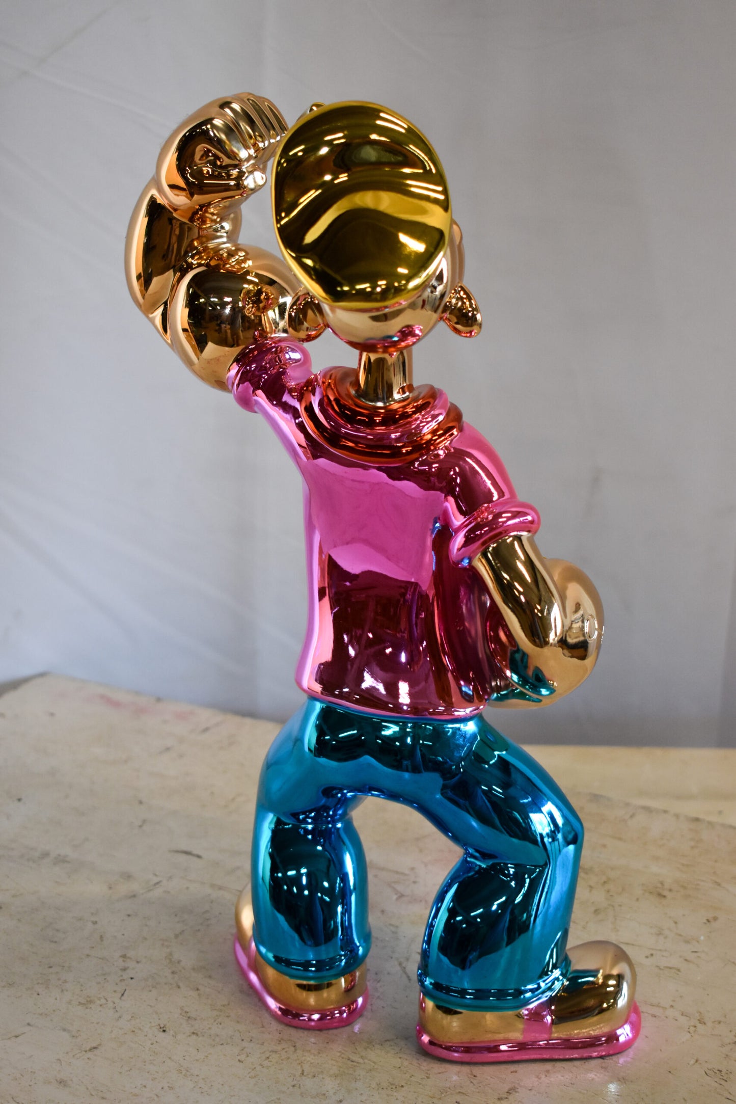 Colorful Chrome Popeye Cartoon in Pink Shirt Statue 12" x 8" x 18"H