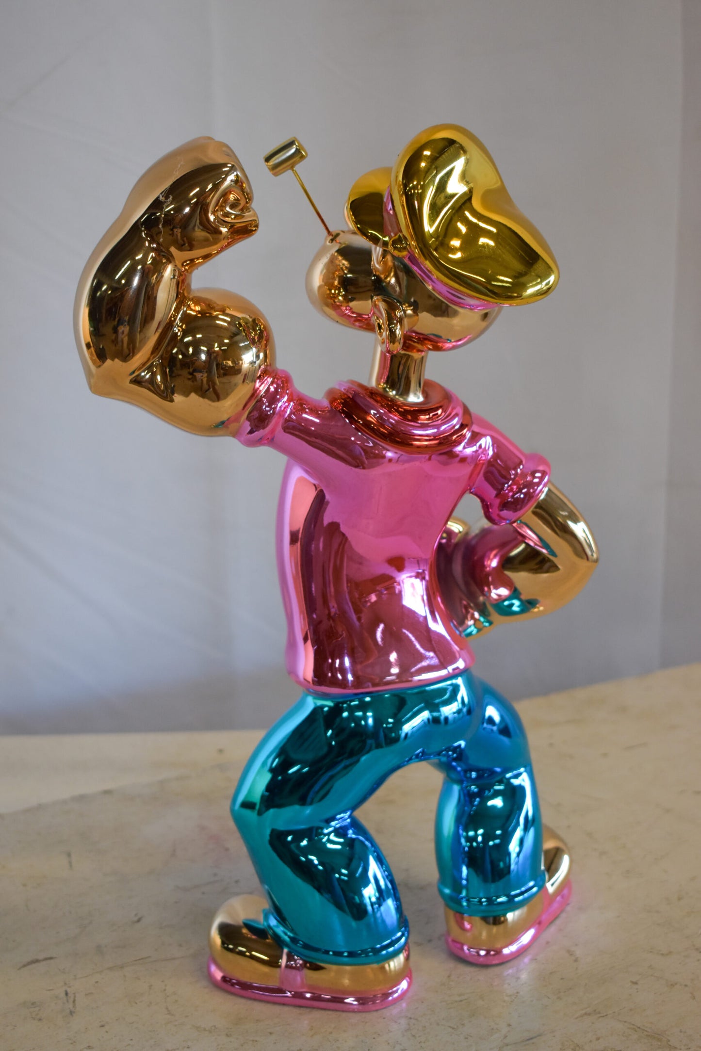 Colorful Chrome Popeye Cartoon in Pink Shirt Statue 12" x 8" x 18"H
