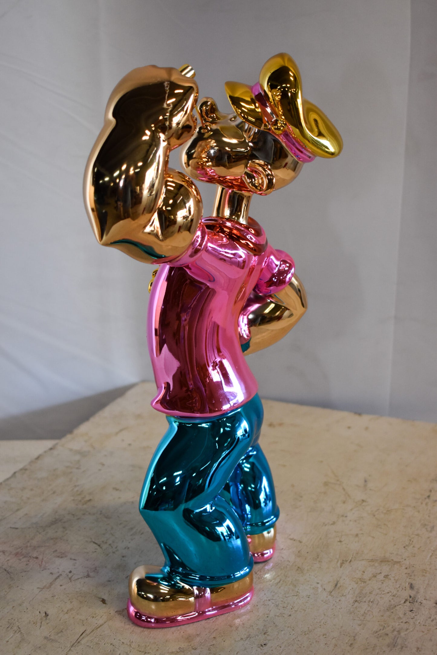 Colorful Chrome Popeye Cartoon in Pink Shirt Statue 12" x 8" x 18"H