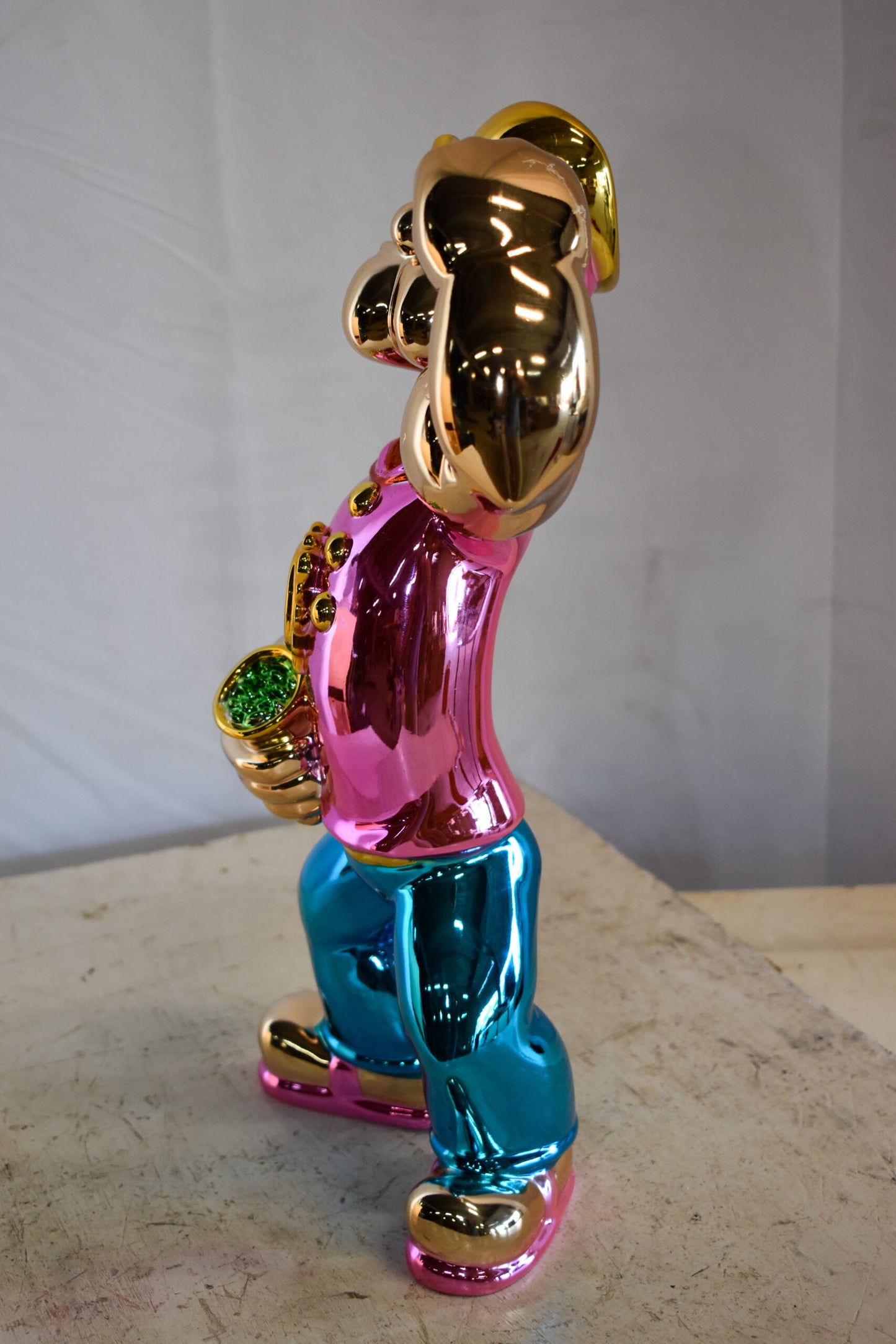 Colorful Chrome Popeye Cartoon in Pink Shirt Statue 12" x 8" x 18"H