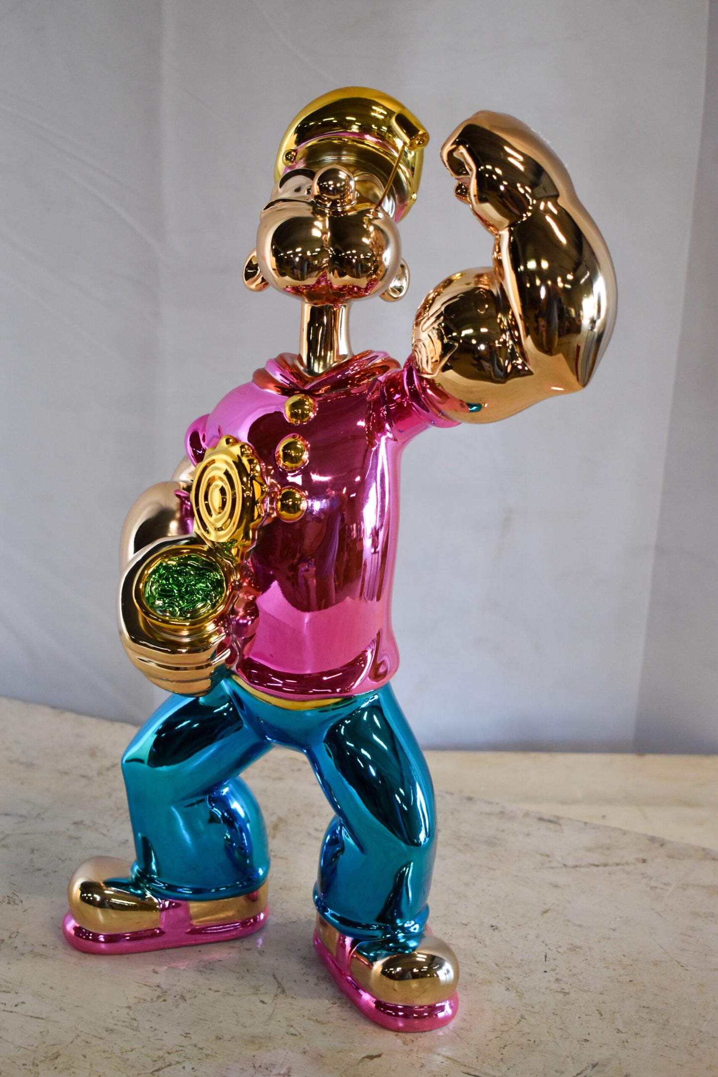 Colorful Chrome Popeye Cartoon in Pink Shirt Statue 12" x 8" x 18"H