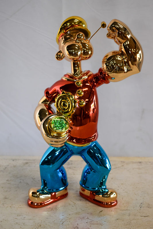 Colorful Chrome Popeye Cartoon in Red Shirt Resin Statue 12" x 8" x 18"H