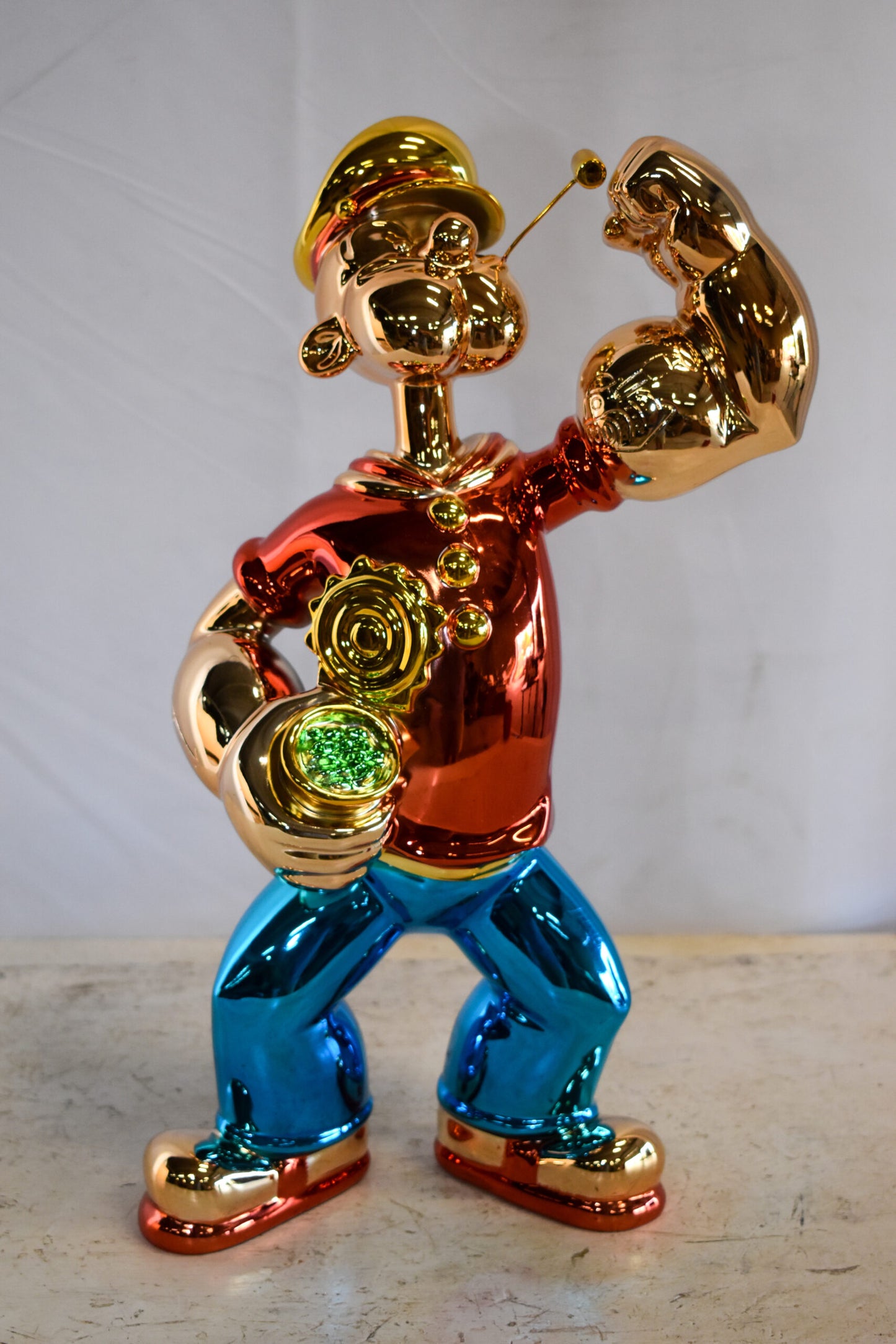 Colorful Chrome Popeye Cartoon in Red Shirt Resin Statue 12" x 8" x 18"H