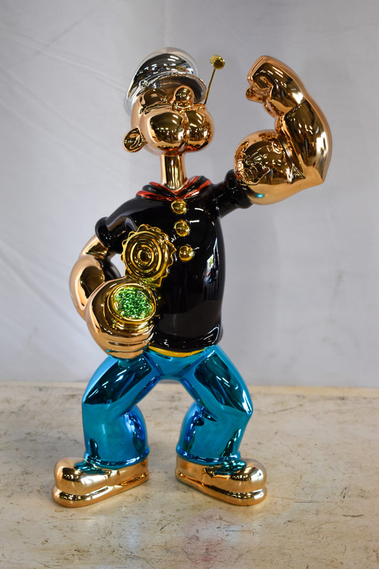 Colorful Chrome Popeye Cartoon in Black Shirt Resin Statue 12" x 8" x 18"H