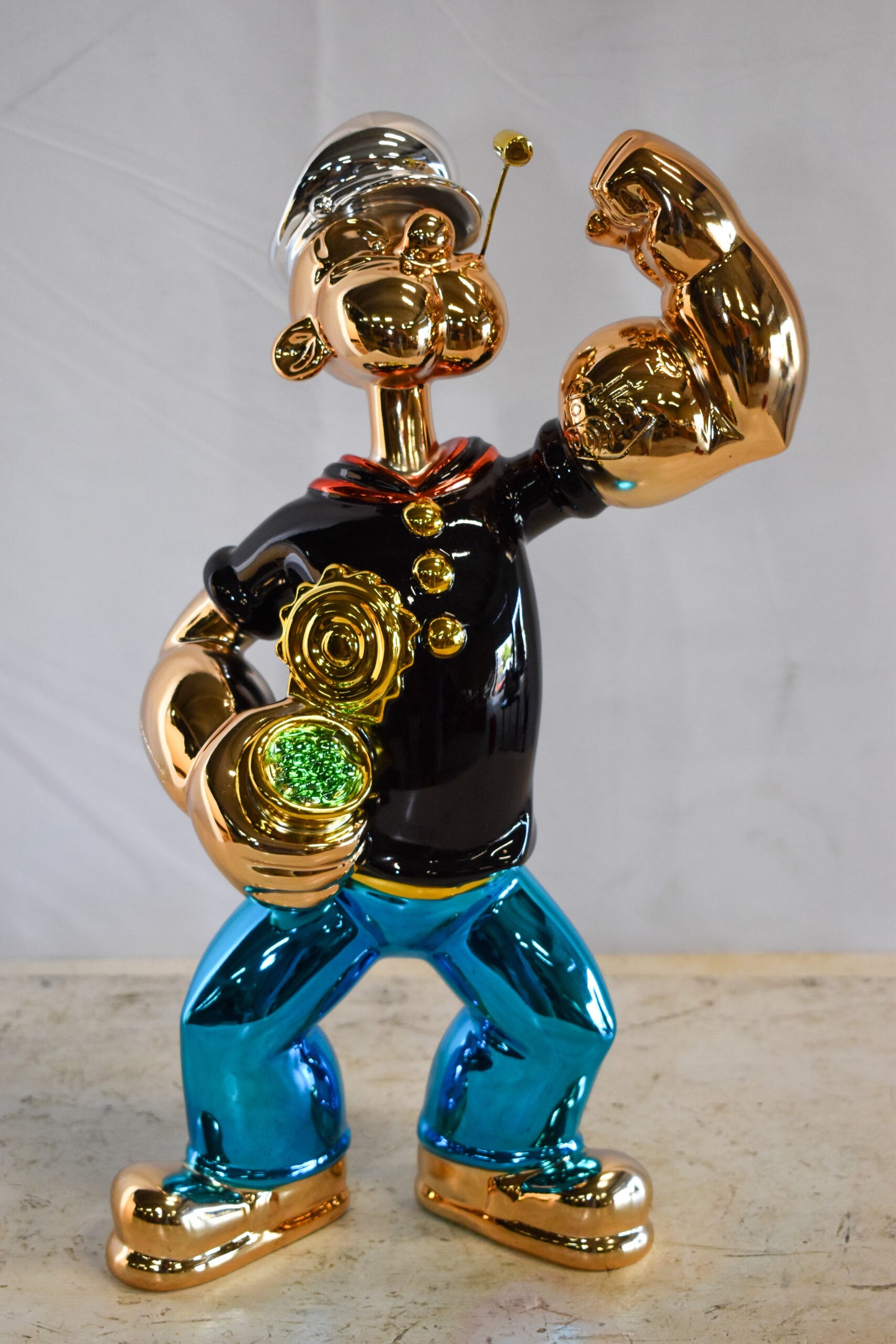 Colorful Chrome Popeye Cartoon in Black Shirt Resin Statue 12" x 8" x 18"H