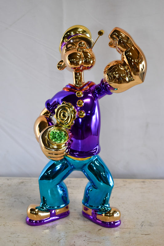 Colorful Chrome Popeye Cartoon in Purple Shirt Resin Statue 12" x 8" x 18"H