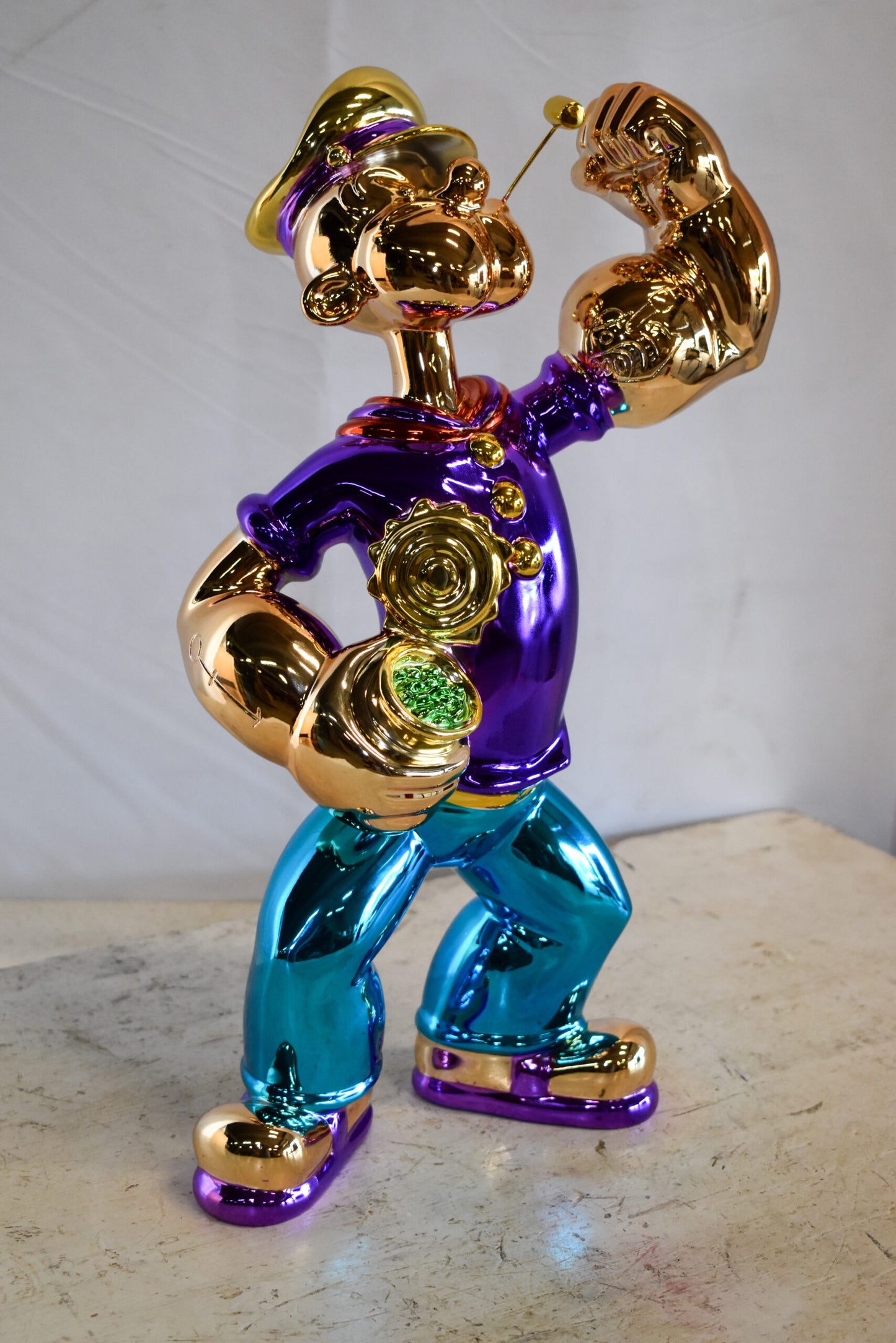Colorful Chrome Popeye Cartoon in Purple Shirt  Resin Statue 12" x 8" x 18"H