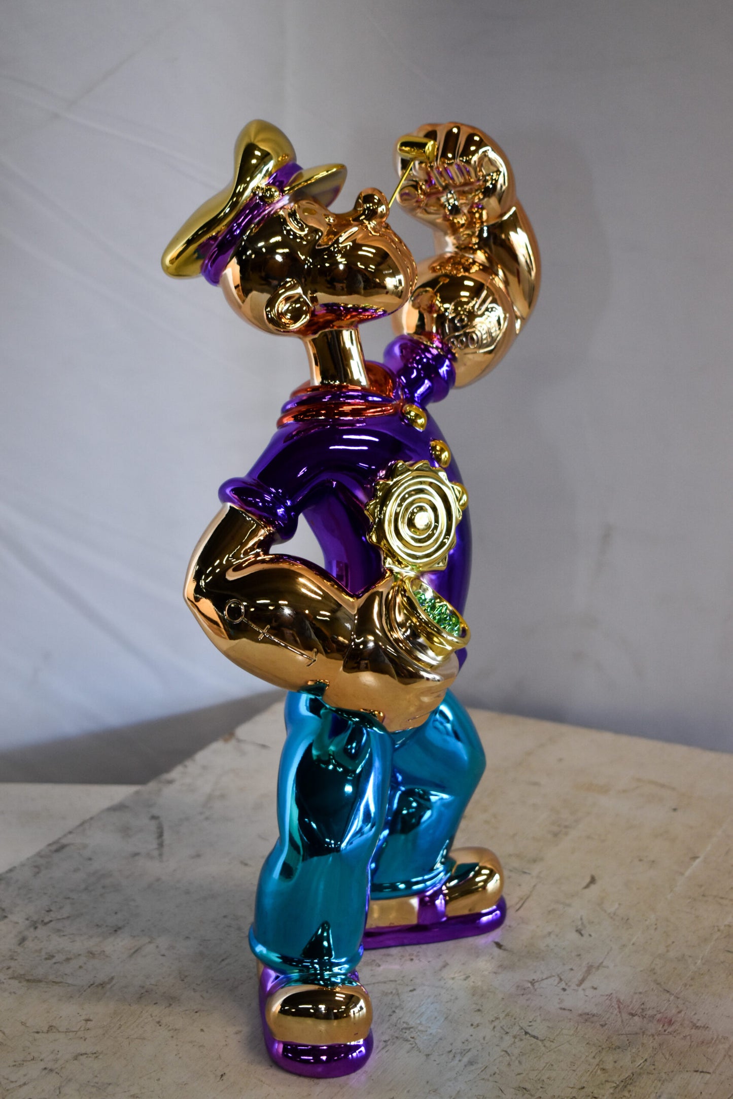 Colorful Chrome Popeye Cartoon in Purple Shirt  Resin Statue 12" x 8" x 18"H