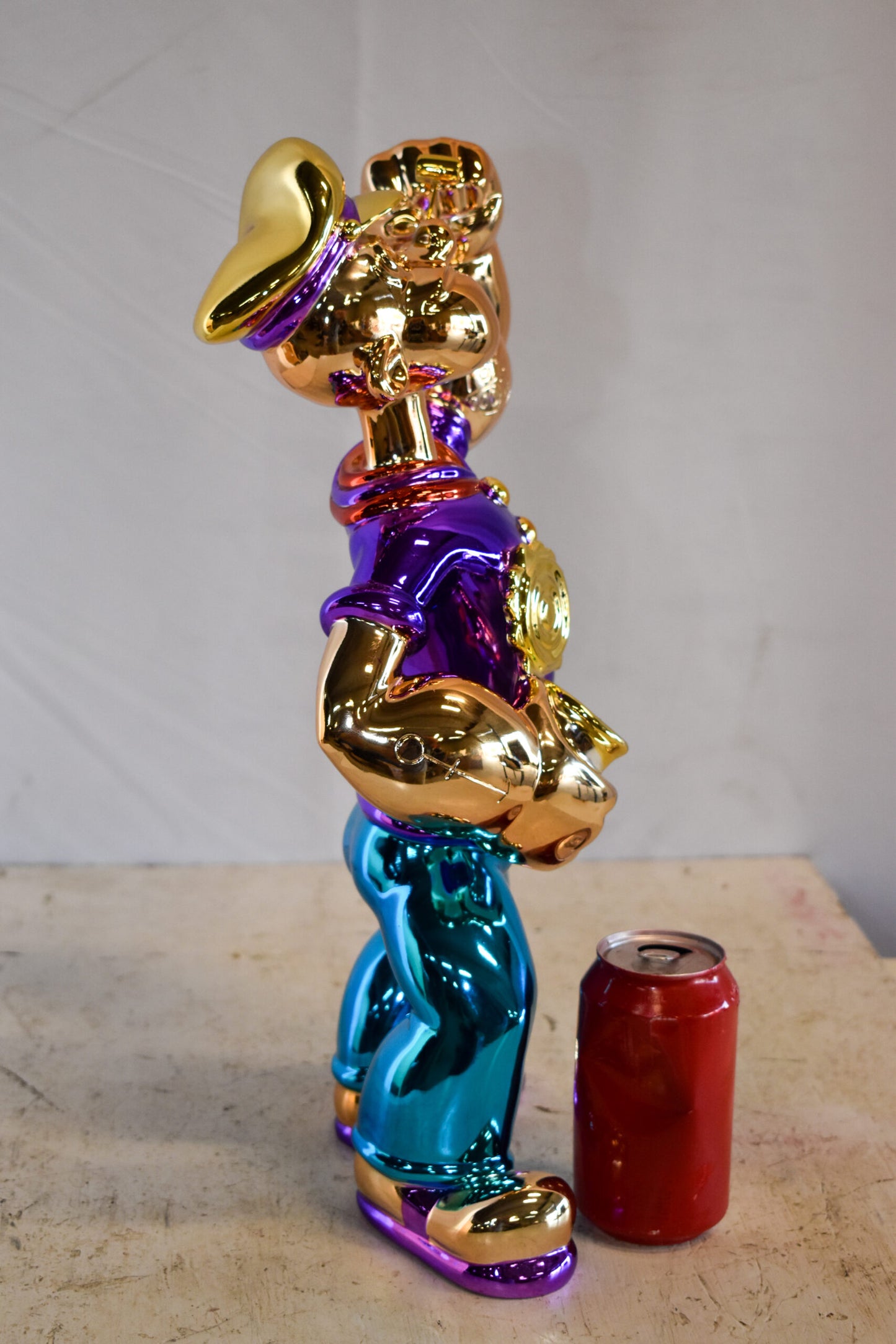 Colorful Chrome Popeye Cartoon in Purple Shirt Resin Statue 12" x 8" x 18"H