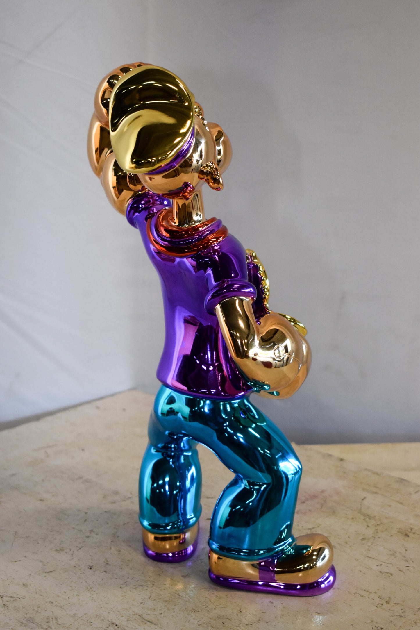 Colorful Chrome Popeye Cartoon in Purple Shirt Resin Statue 12" x 8" x 18"H