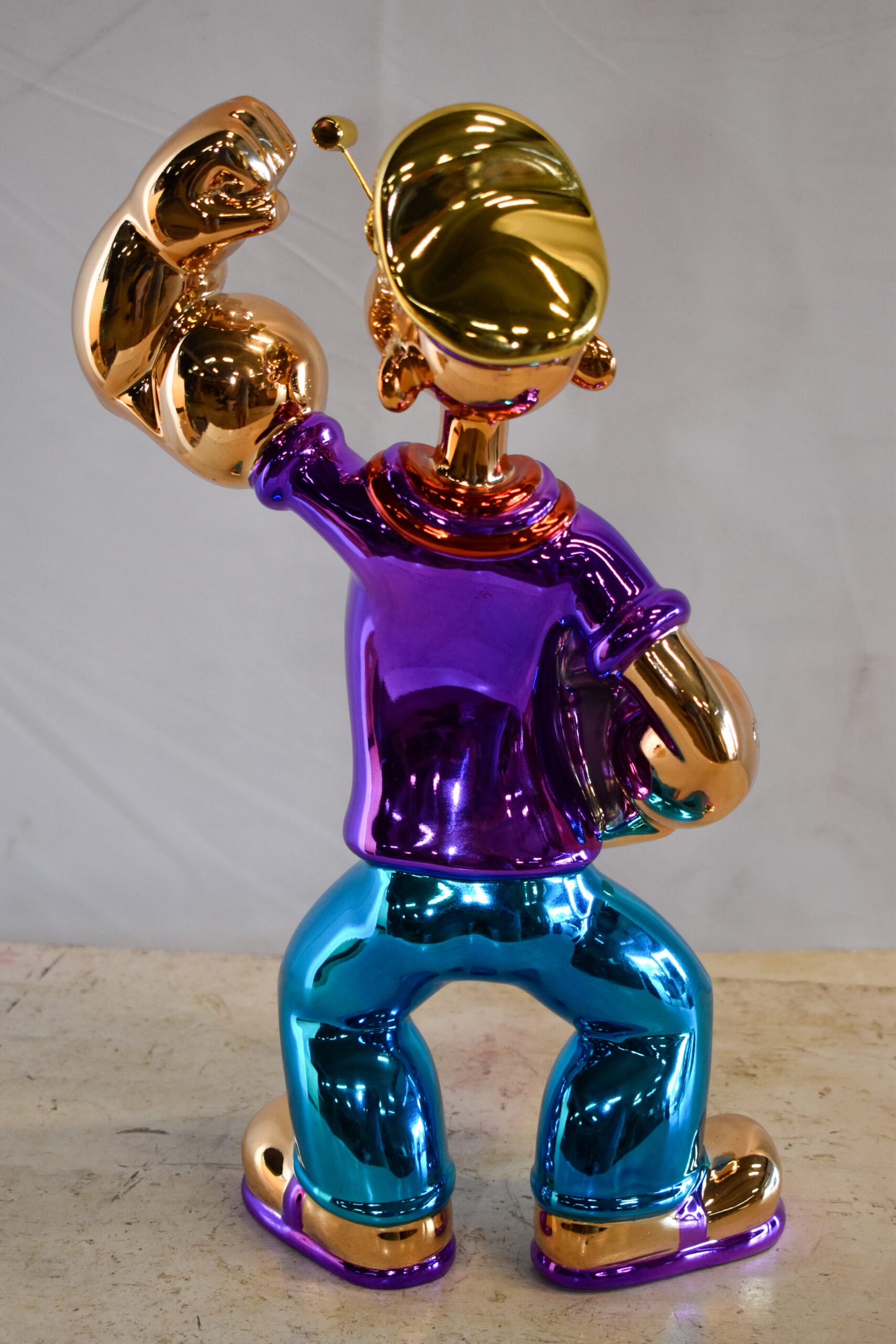 Colorful Chrome Popeye Cartoon in Purple Shirt  Resin Statue 12" x 8" x 18"H