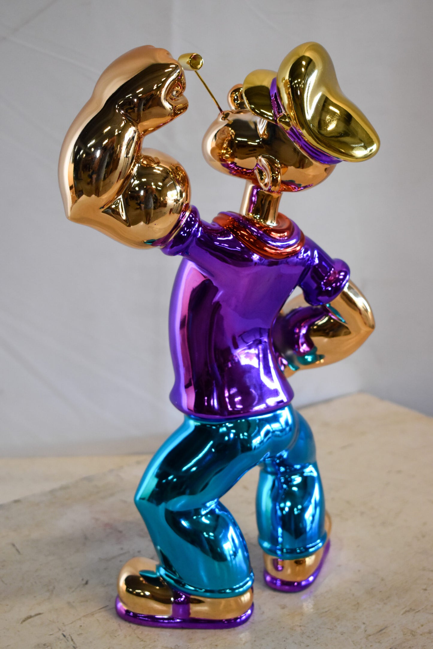 Colorful Chrome Popeye Cartoon in Purple Shirt  Resin Statue 12" x 8" x 18"H