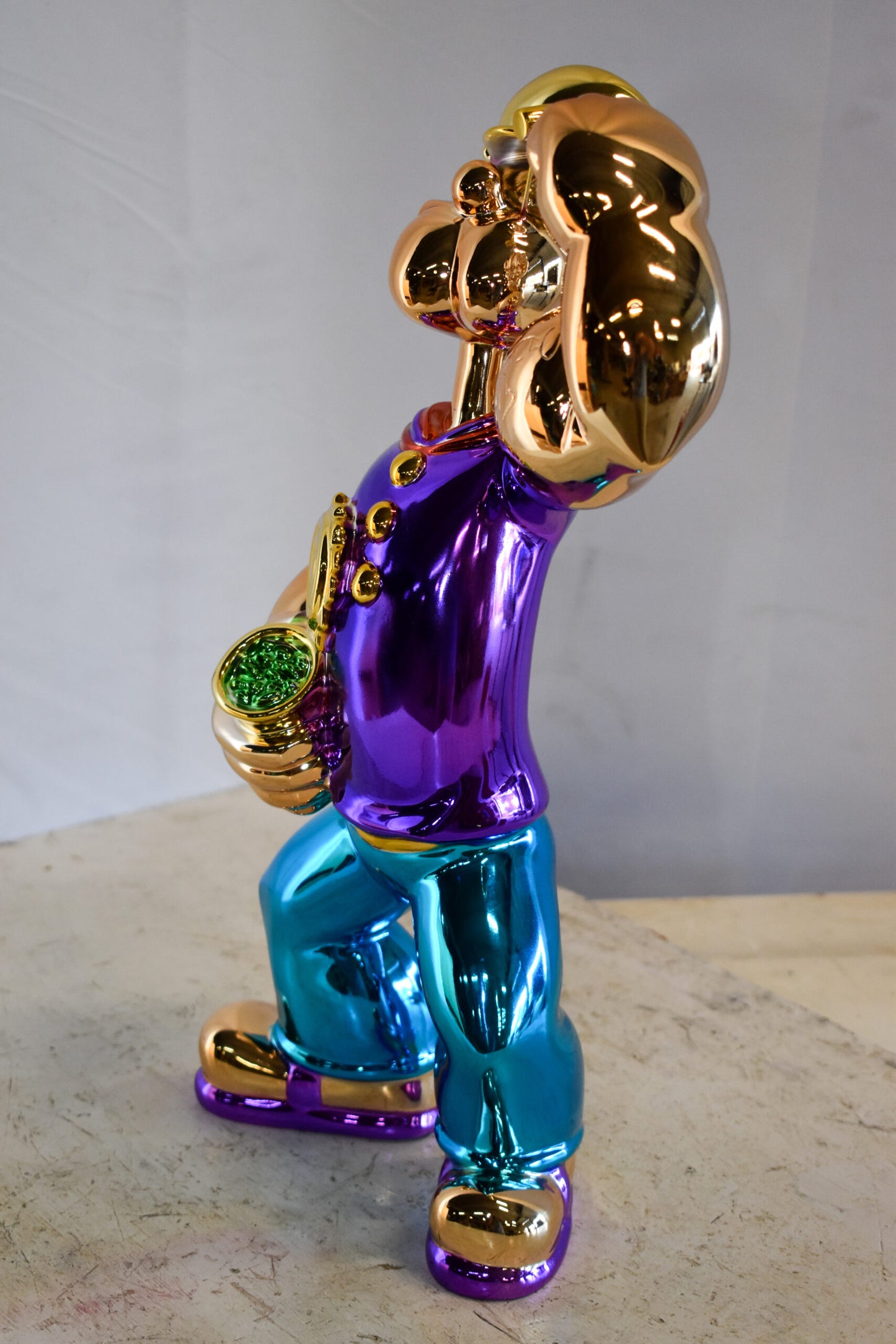 Colorful Chrome Popeye Cartoon in Purple Shirt  Resin Statue 12" x 8" x 18"H