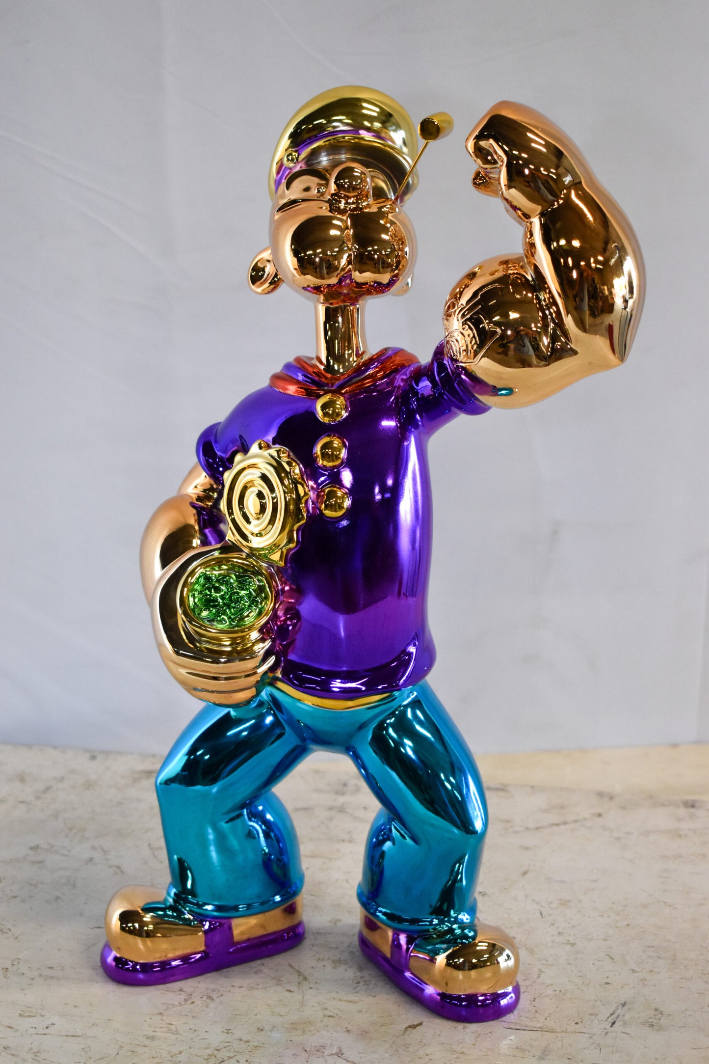 Colorful Chrome Popeye Cartoon in Purple Shirt  Resin Statue 12" x 8" x 18"H
