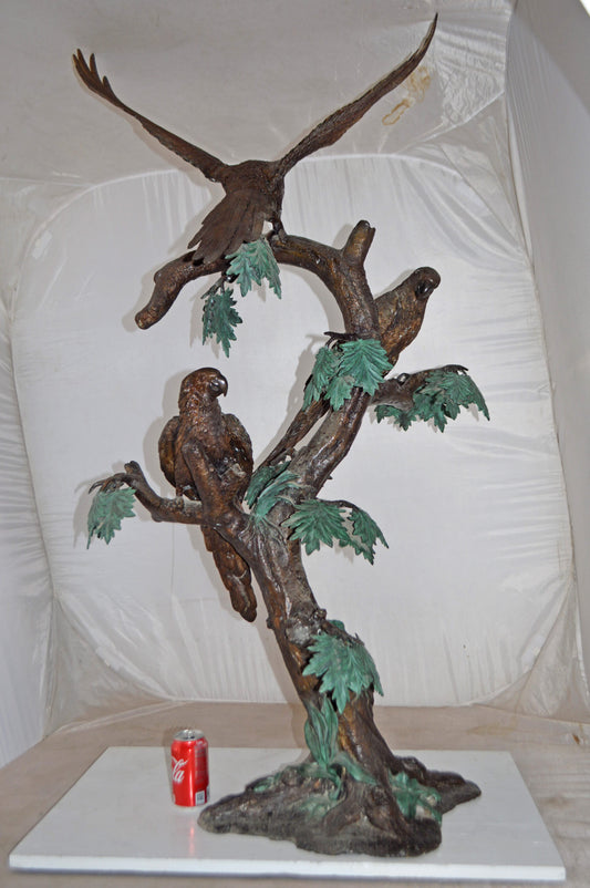 Three Parrots on a Tree Large size Bronze Statue - Size: 25"L x 31"W x 57"H.