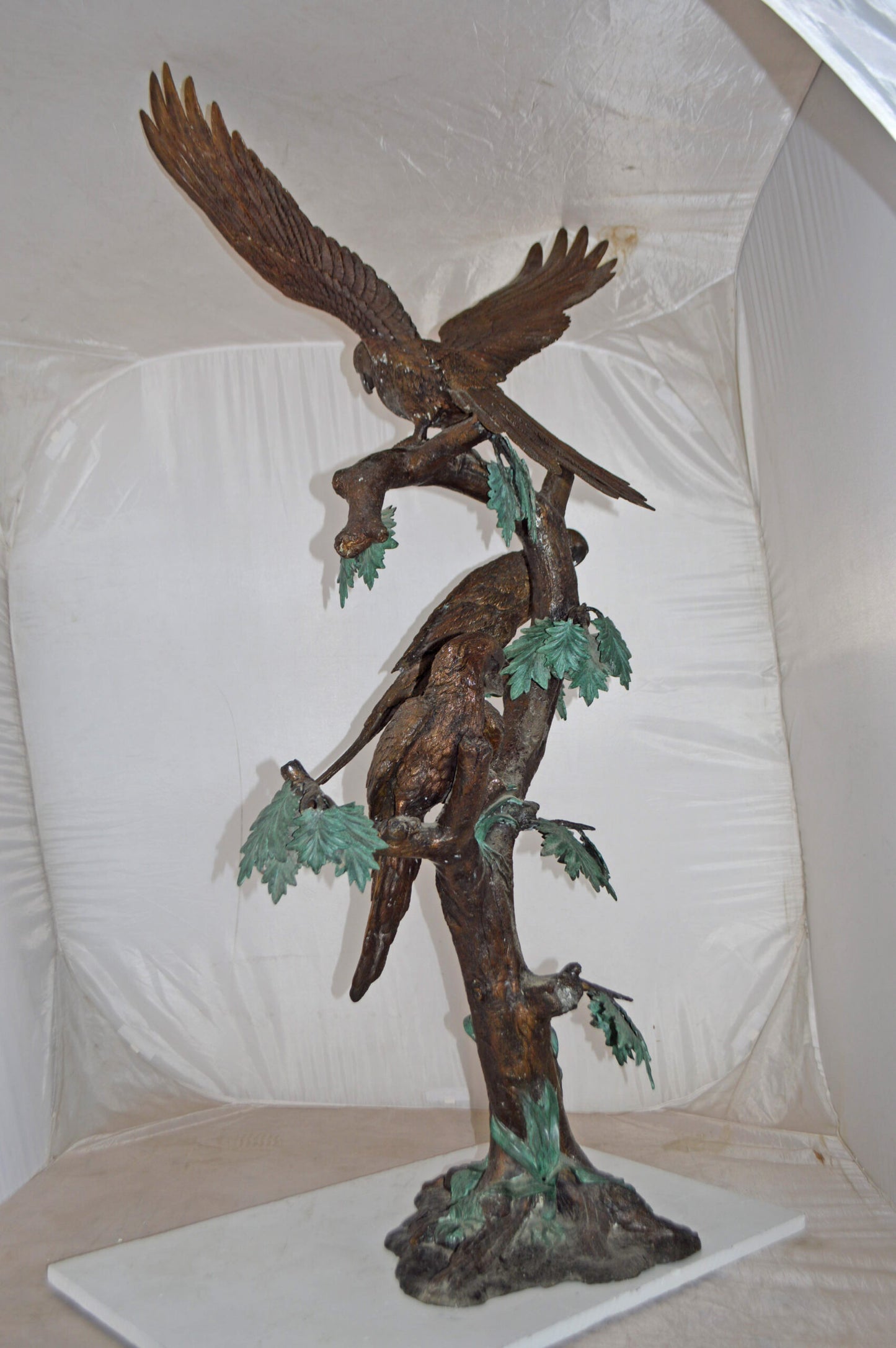 Three Parrots on a Tree Large size Bronze Statue - Size: 25"L x 31"W x 57"H.