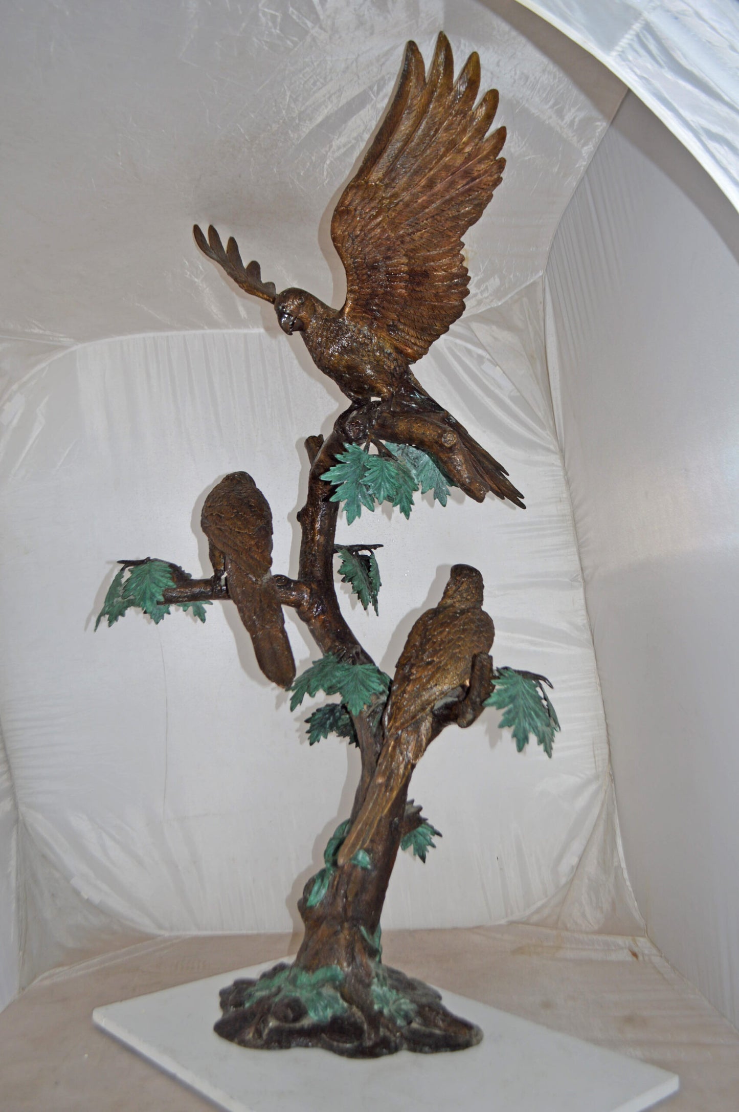 Three Parrots on a Tree Large size Bronze Statue - Size: 25"L x 31"W x 57"H.
