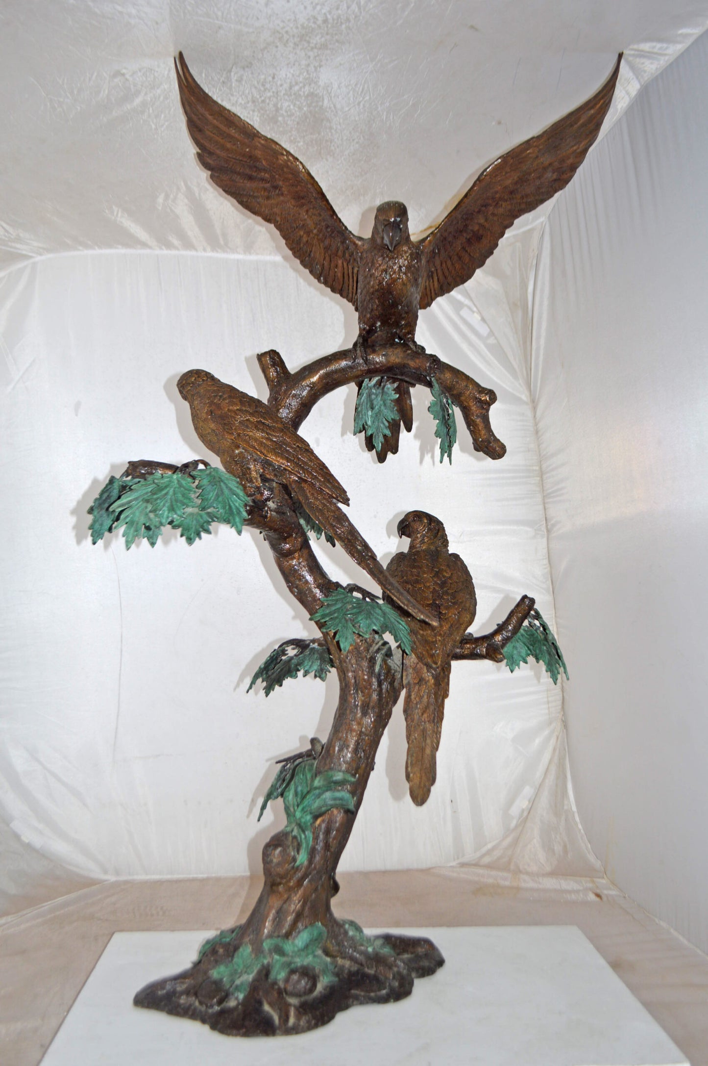 Three Parrots on a Tree Large size Bronze Statue - Size: 25"L x 31"W x 57"H.