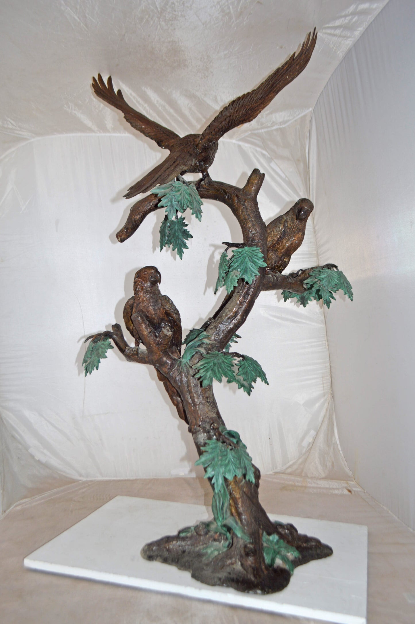 Three Parrots on a Tree Large size Bronze Statue - Size: 25"L x 31"W x 57"H.