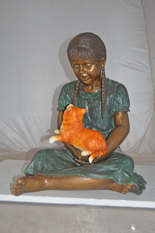 Girl Holding Her Cat Bronze Statue, Green, Orange Finish - Size: 23"x20"x24"H
