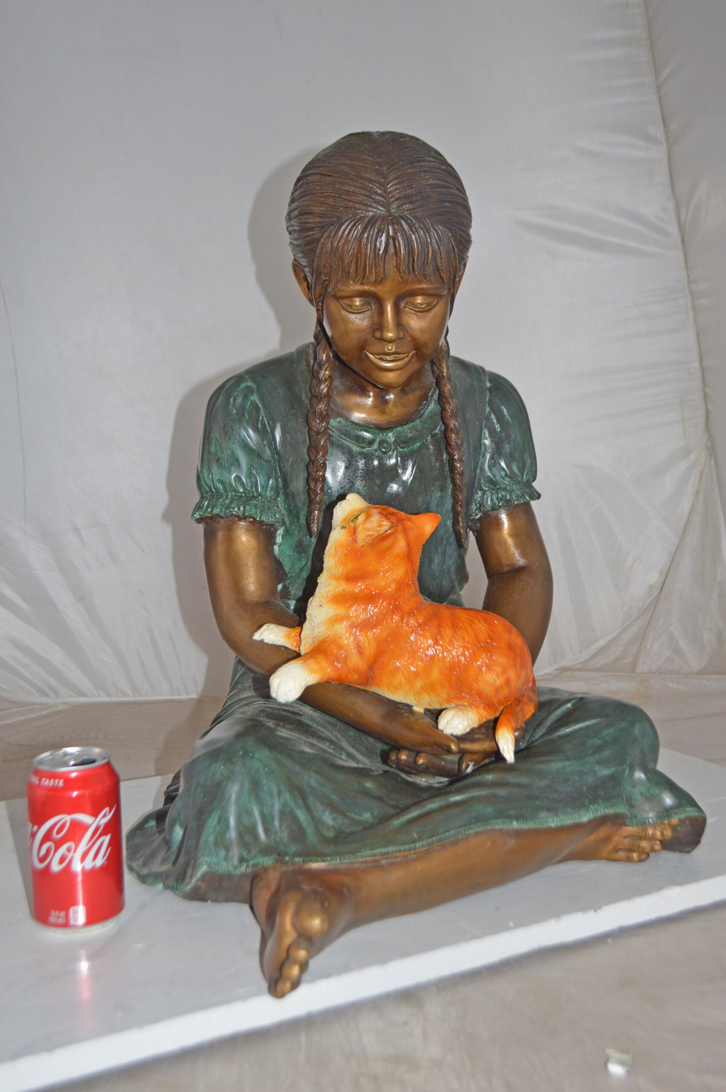 Girl Holding Her Cat Bronze Statue, Green, Orange Finish - Size: 23"x20"x24"H