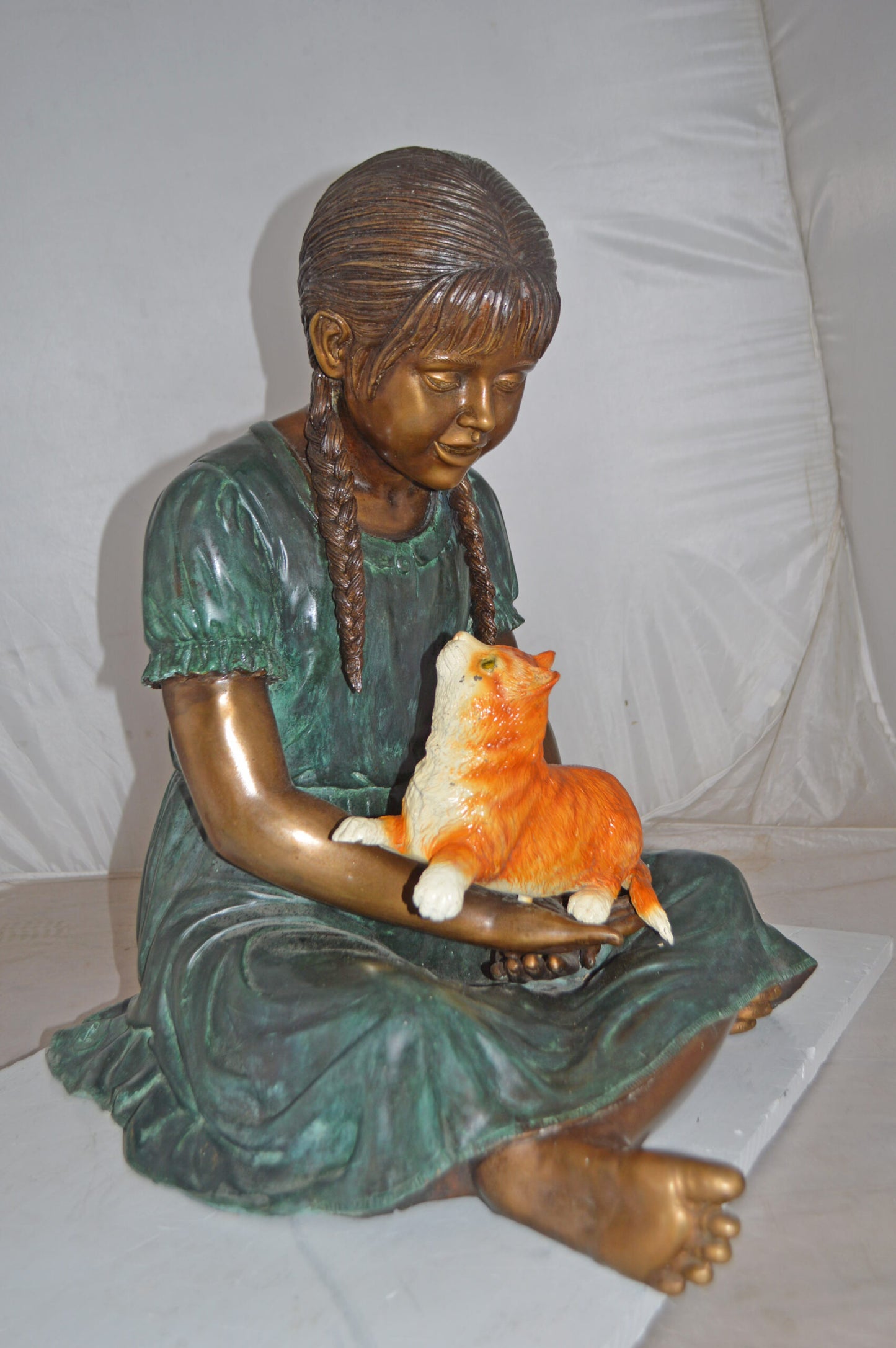 Girl Holding Her Cat Bronze Statue, Green, Orange Finish - Size: 23"x20"x24"H