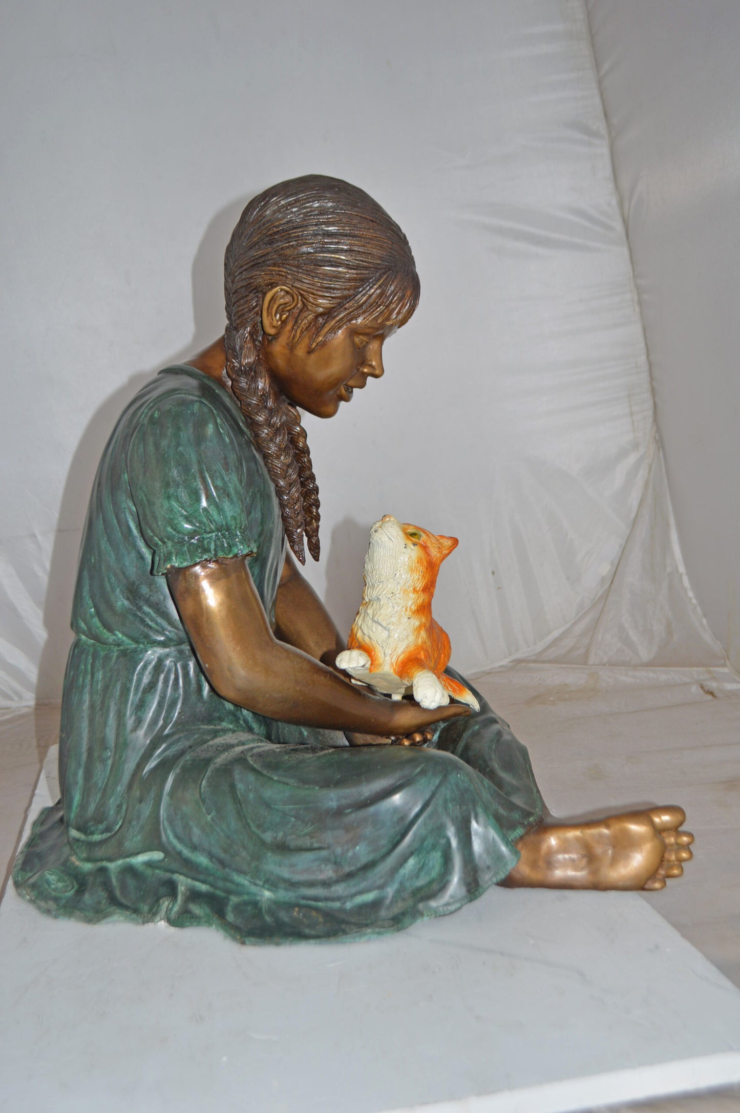 Girl Holding Her Cat Bronze Statue, Green, Orange Finish - Size: 23"x20"x24"H
