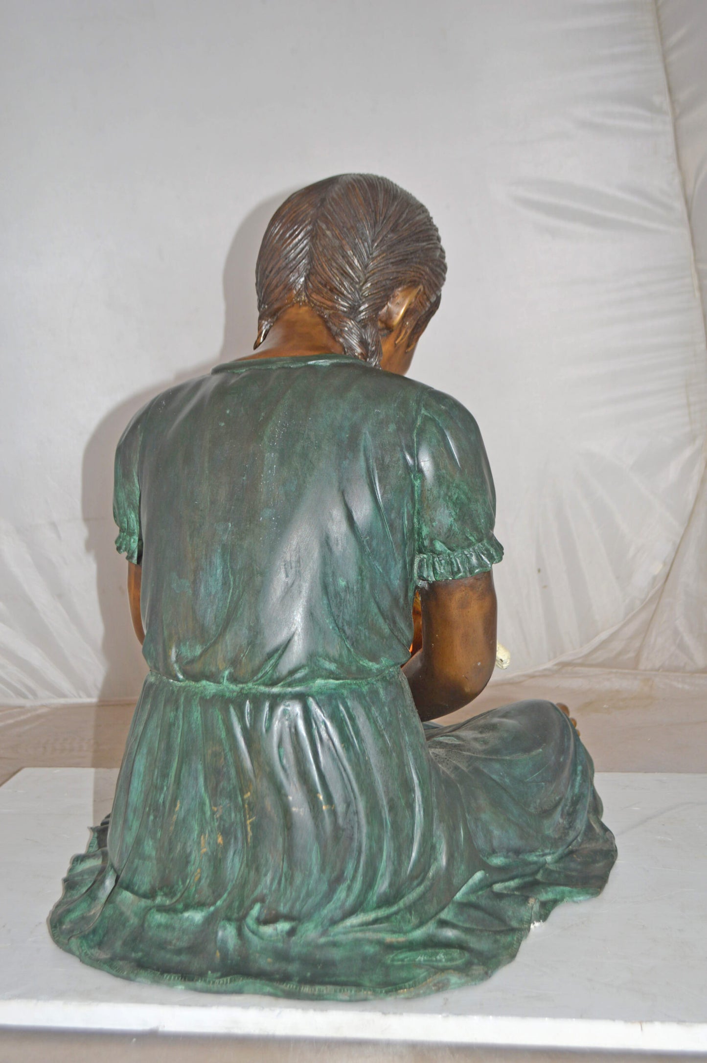 Girl Holding Her Cat Bronze Statue, Green, Orange Finish - Size: 23"x20"x24"H