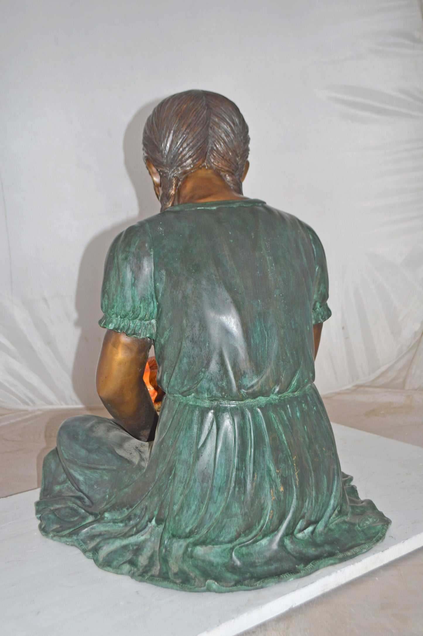 Girl Holding Her Cat Bronze Statue, Green, Orange Finish - Size: 23"x20"x24"H