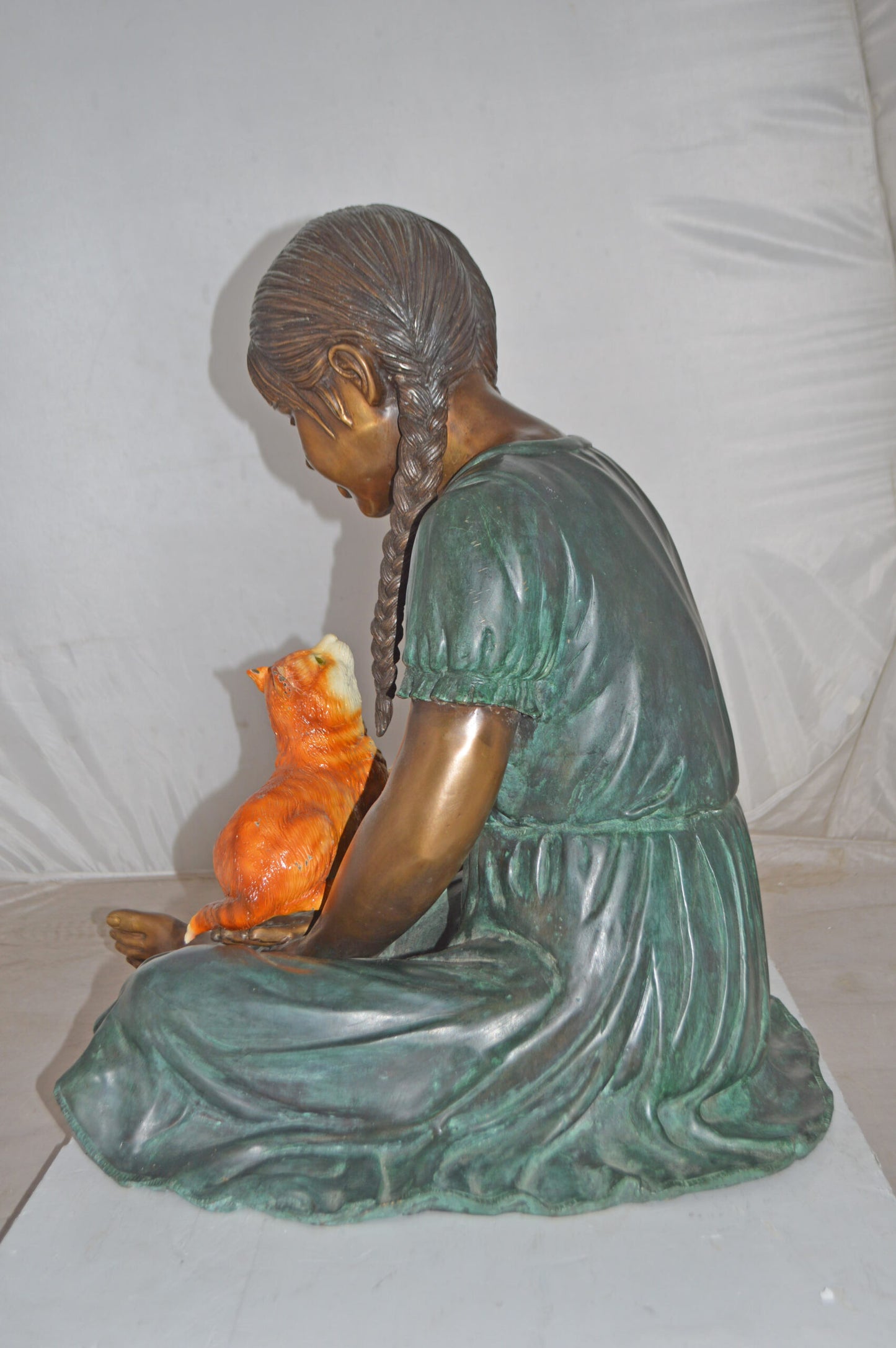 Girl Holding Her Cat Bronze Statue, Green, Orange Finish - Size: 23"x20"x24"H