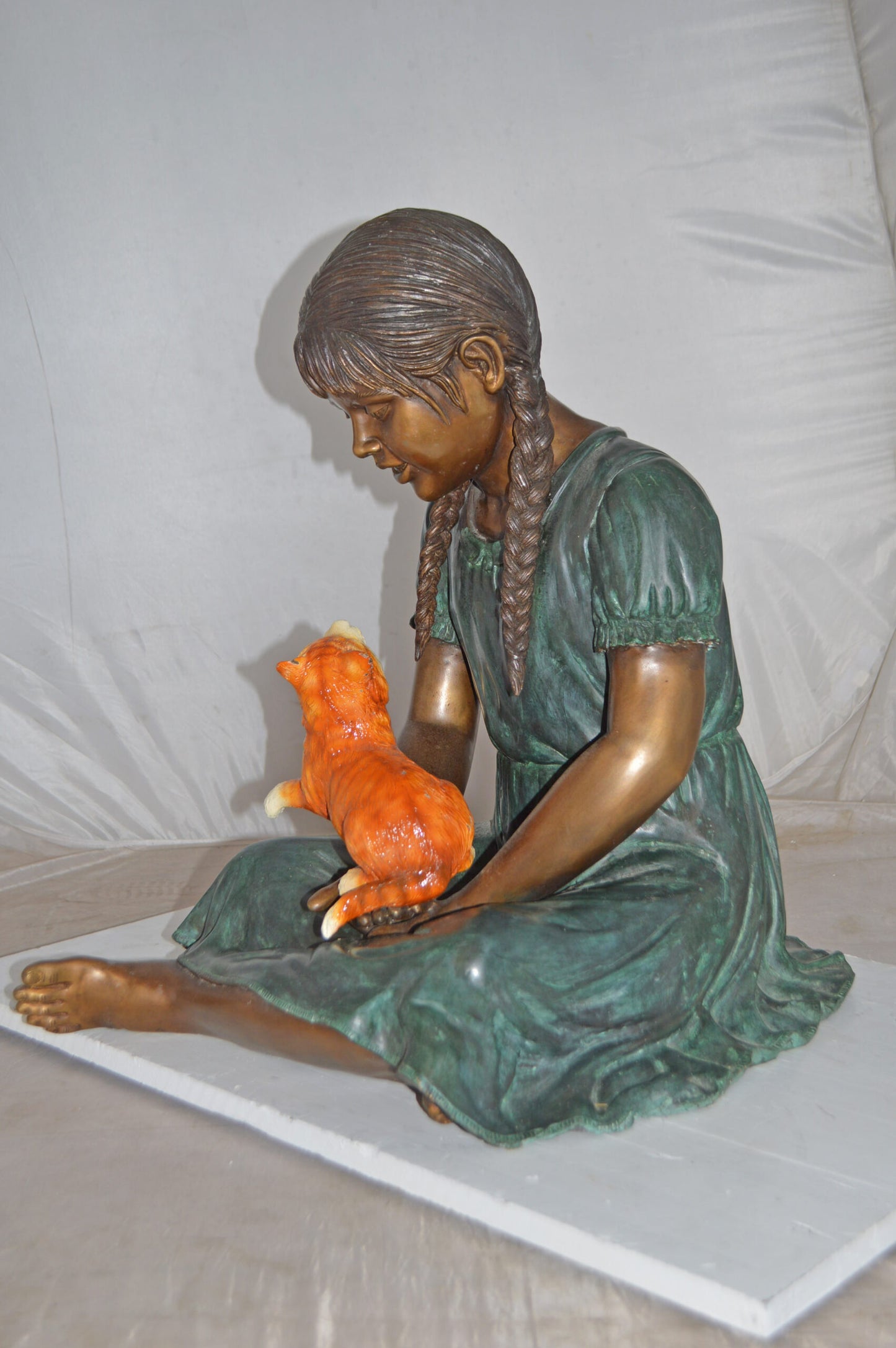 Girl Holding Her Cat Bronze Statue, Green, Orange Finish - Size: 23"x20"x24"H