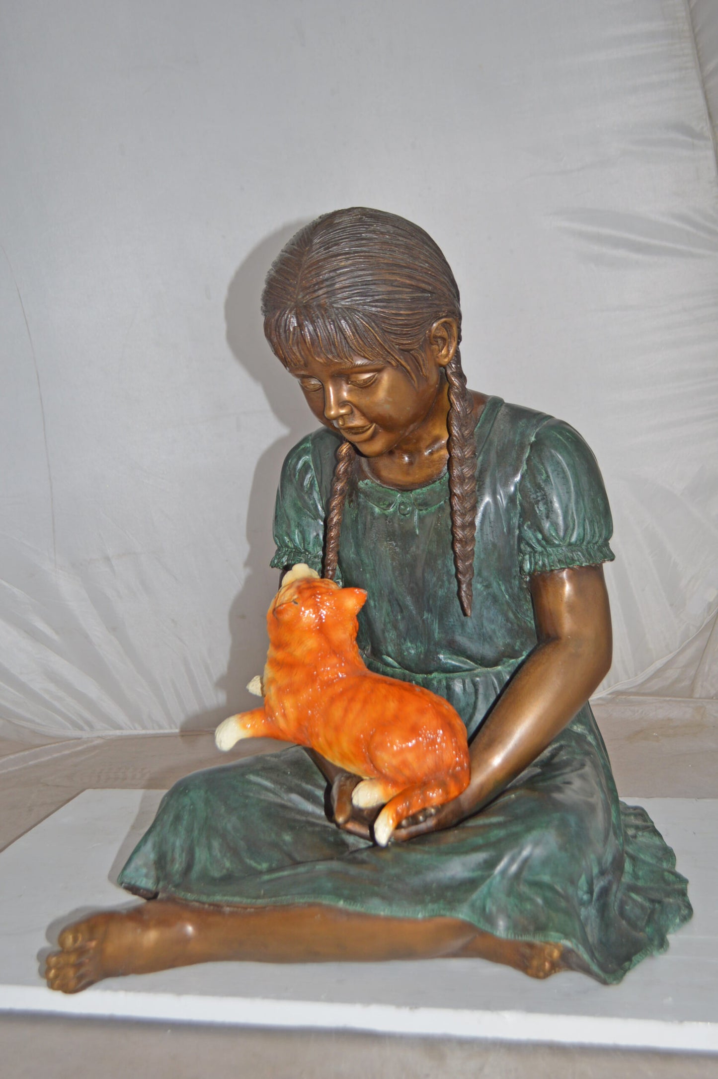 Girl Holding Her Cat Bronze Statue, Green, Orange Finish - Size: 23"x20"x24"H