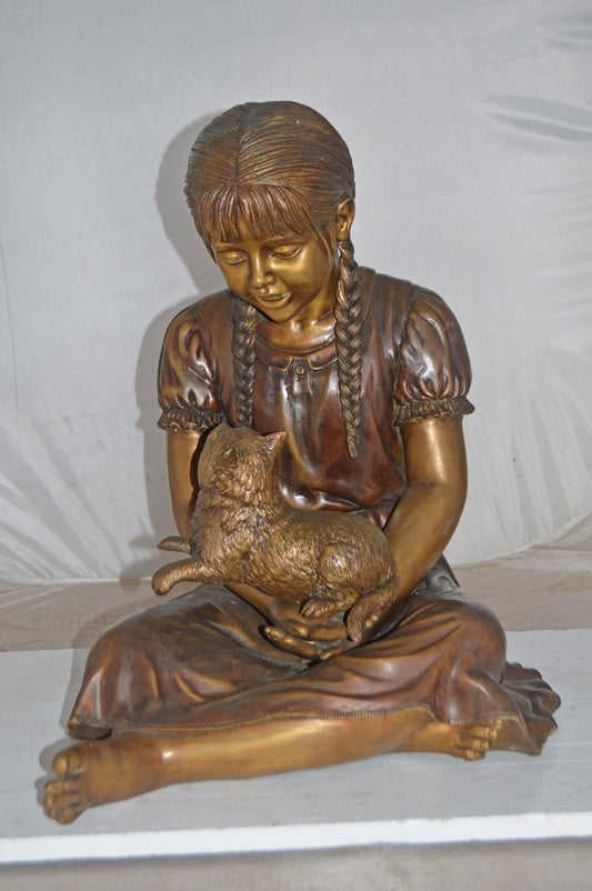 Girl Holding Her Cat Life Size Bronze Statue - Size: 23"L x 20"W x 24"H.