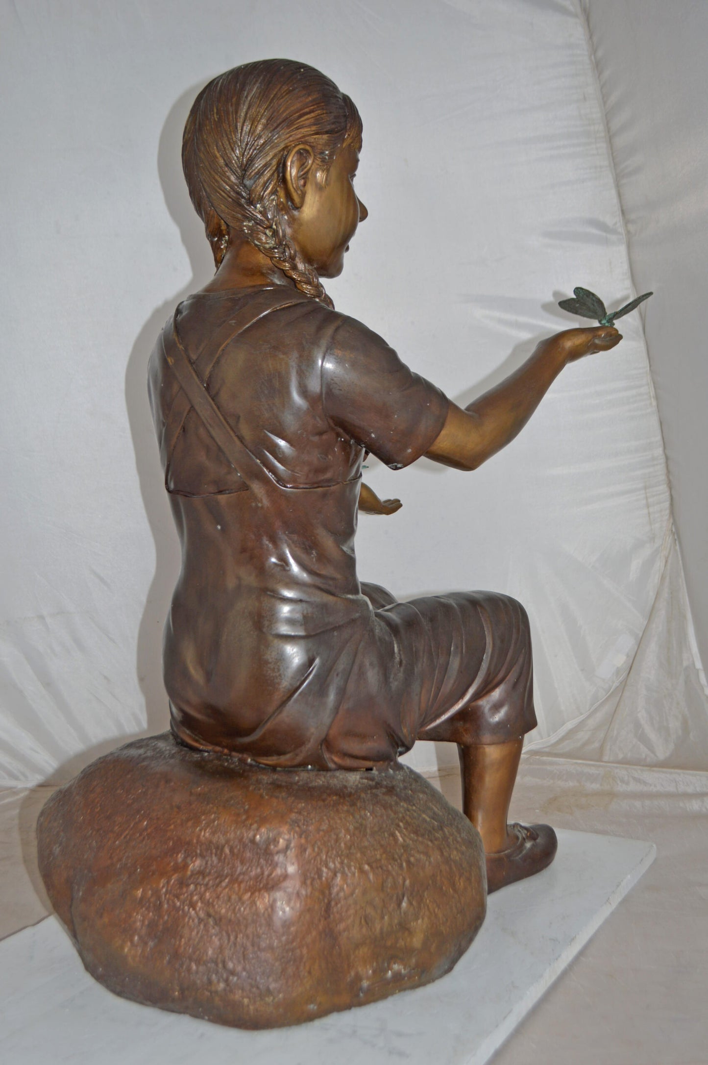Girl Sitting on A Rock Holding Butterflies Bronze Statue - Size: 26"x17"x34"H