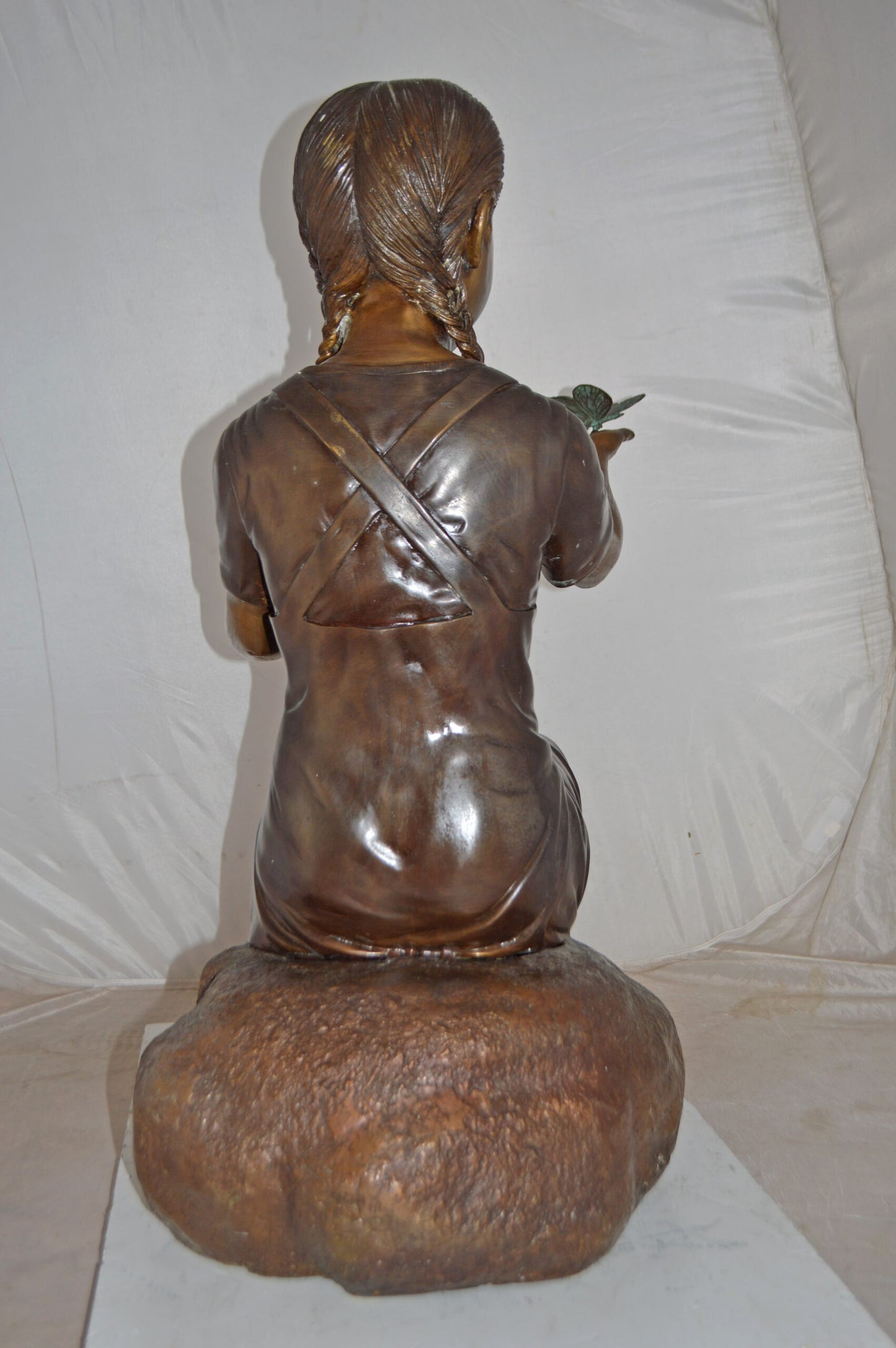 Girl Sitting on A Rock Holding Butterflies Bronze Statue - Size: 26"x17"x34"H