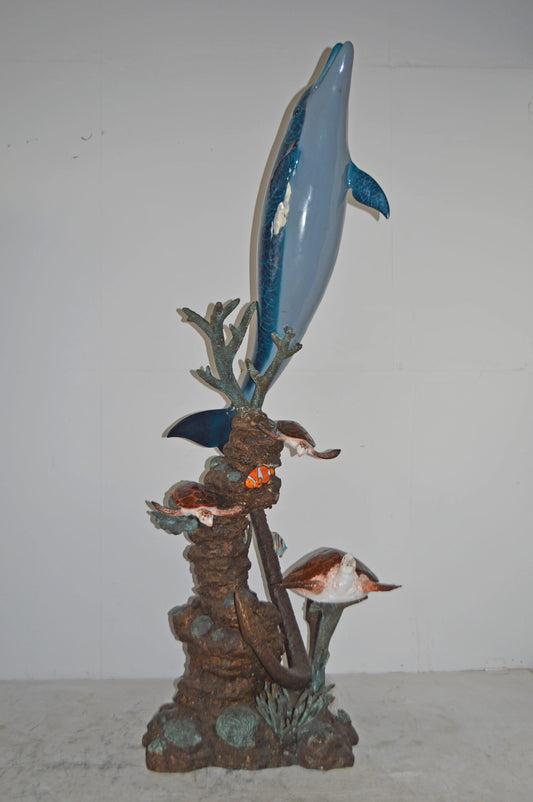Dolphin and Three Turtles Fountain Bronze Statue - Size: 37"L x 30"W x 80"H.