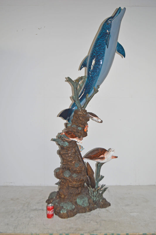 Dolphin and Three Turtles Fountain Bronze Statue - Size: 37"L x 30"W x 80"H.