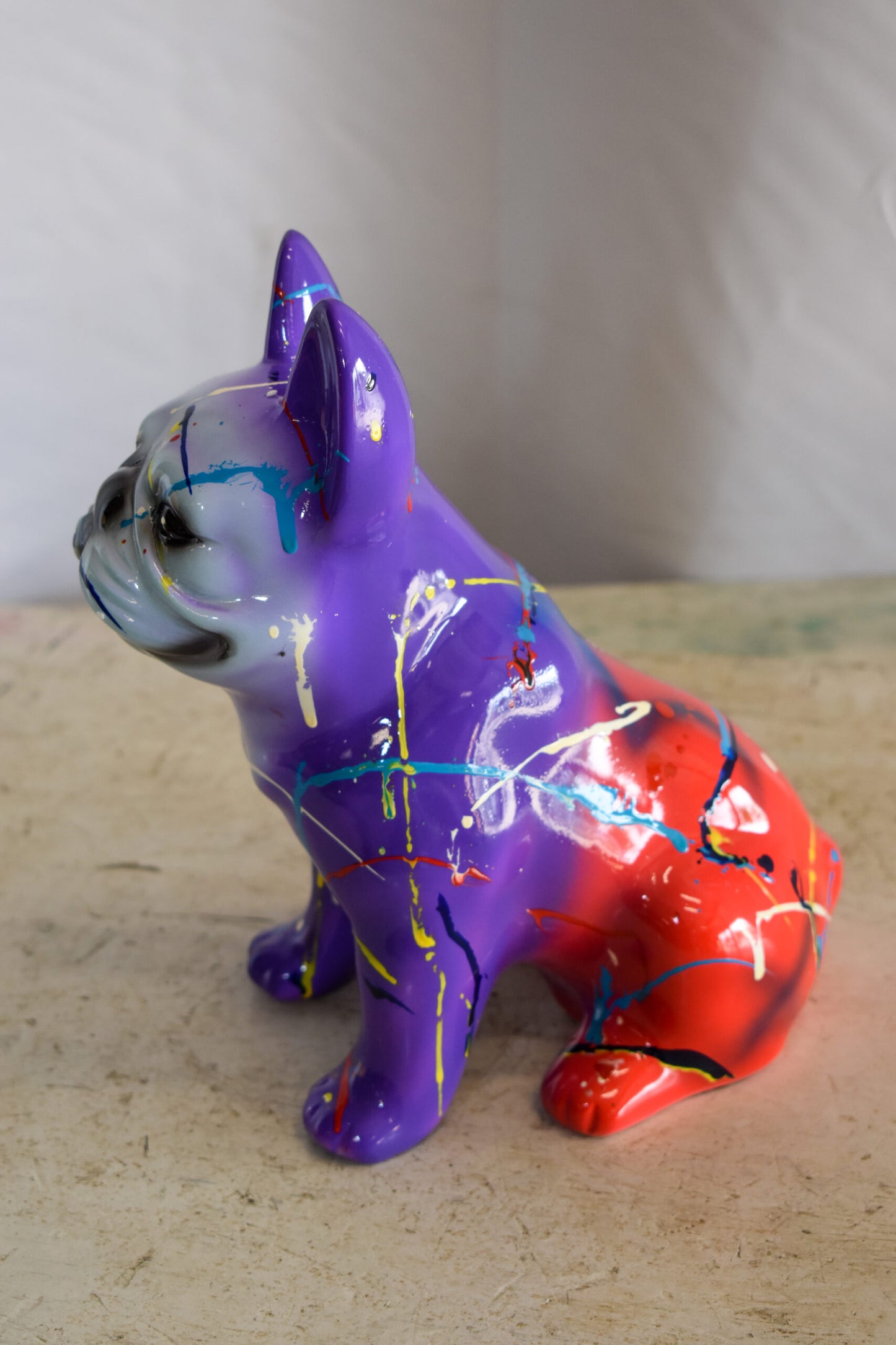 Multicolored French Bulldog Purple and Red Shades, Resin Statue 8" x 5" x 10"H