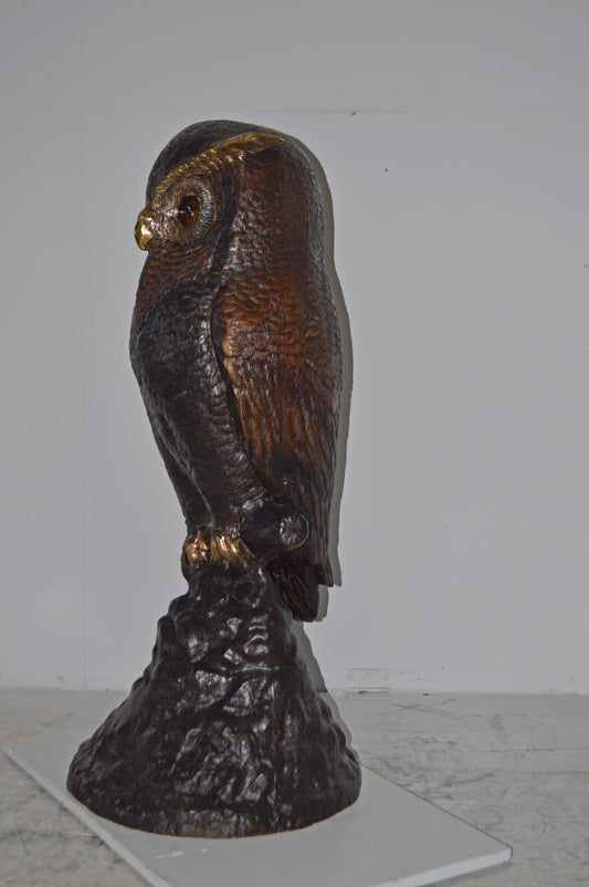 Giant Owl Standing on A Tree Log Bronze Statue. - Size: 20"L x 21"W x 43"H.
