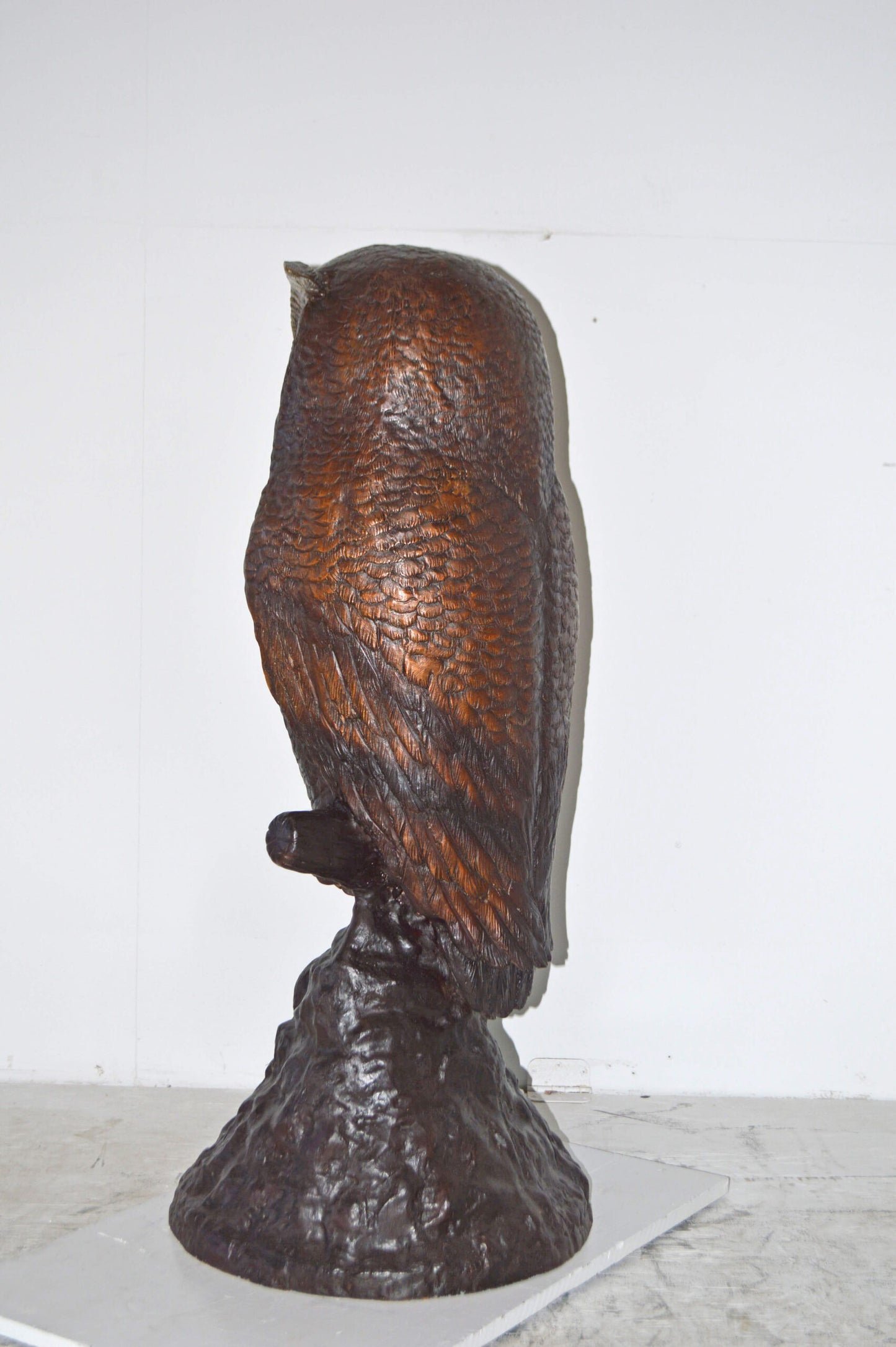 Giant Owl Standing on A Tree Log Bronze Statue. - Size: 20"L x 21"W x 43"H.