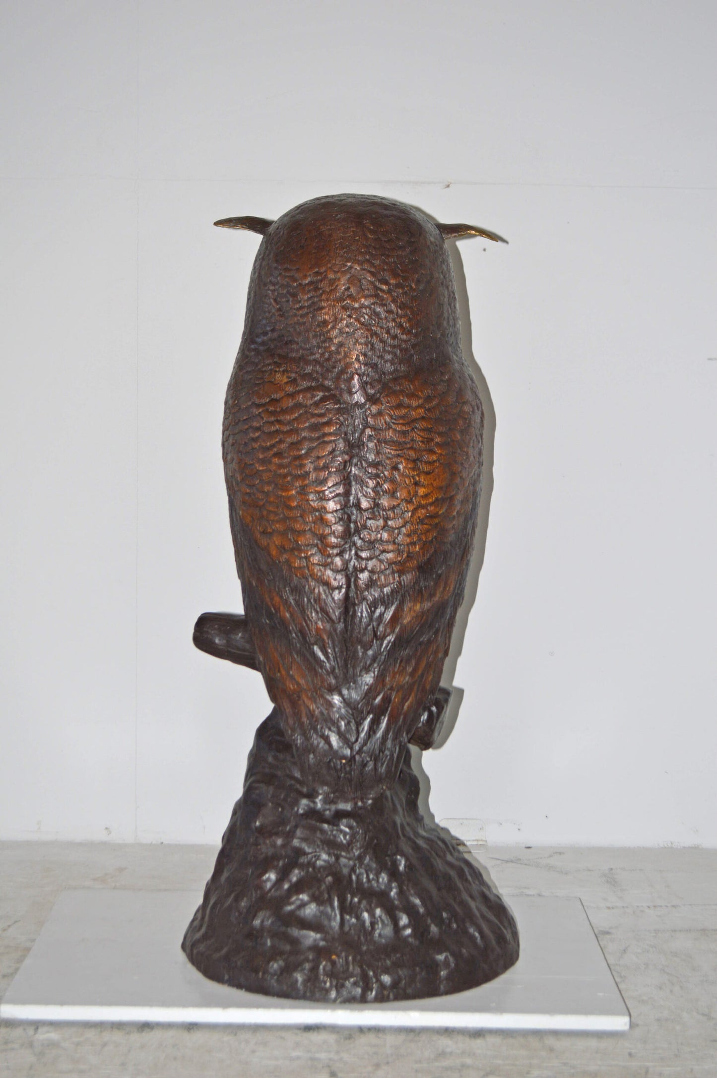 Giant Owl Standing on A Tree Log Bronze Statue. - Size: 20"L x 21"W x 43"H.