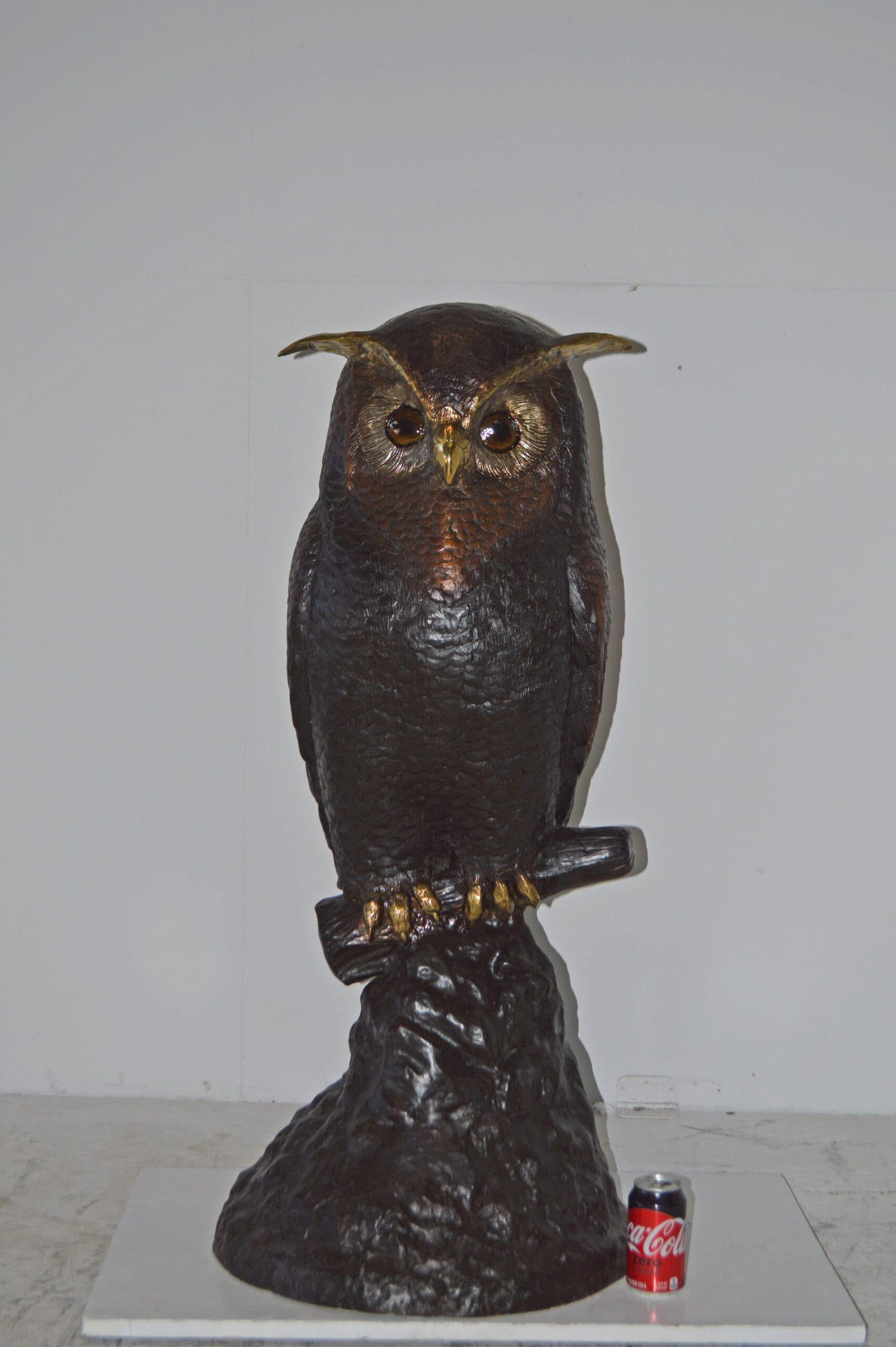 Giant Owl Standing on A Tree Log Bronze Statue. - Size: 20"L x 21"W x 43"H.