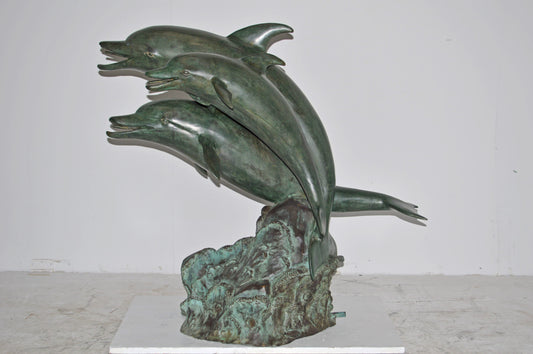 Three Dolphins Bronze Statue Fountain Green Patina Finish, Size 40" x 24" x 36"H
