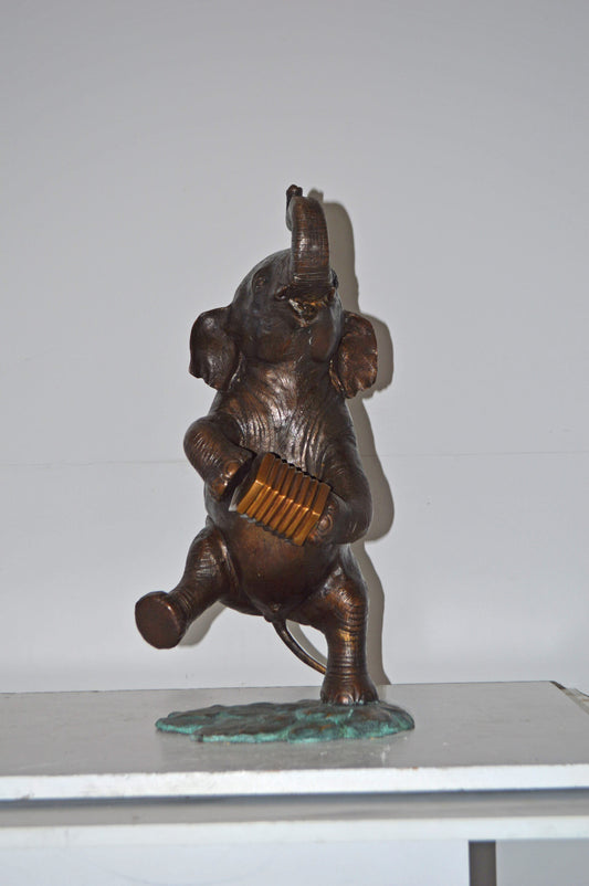 Circus Elephant Dance and Play the Accordion Bronze Statue - 13" x 11" x 22"H