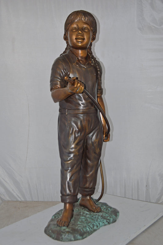 A Girl Holding A Garden Hose Bronze Statue Fountain - Size: 13"L x 20"W x 39"H.