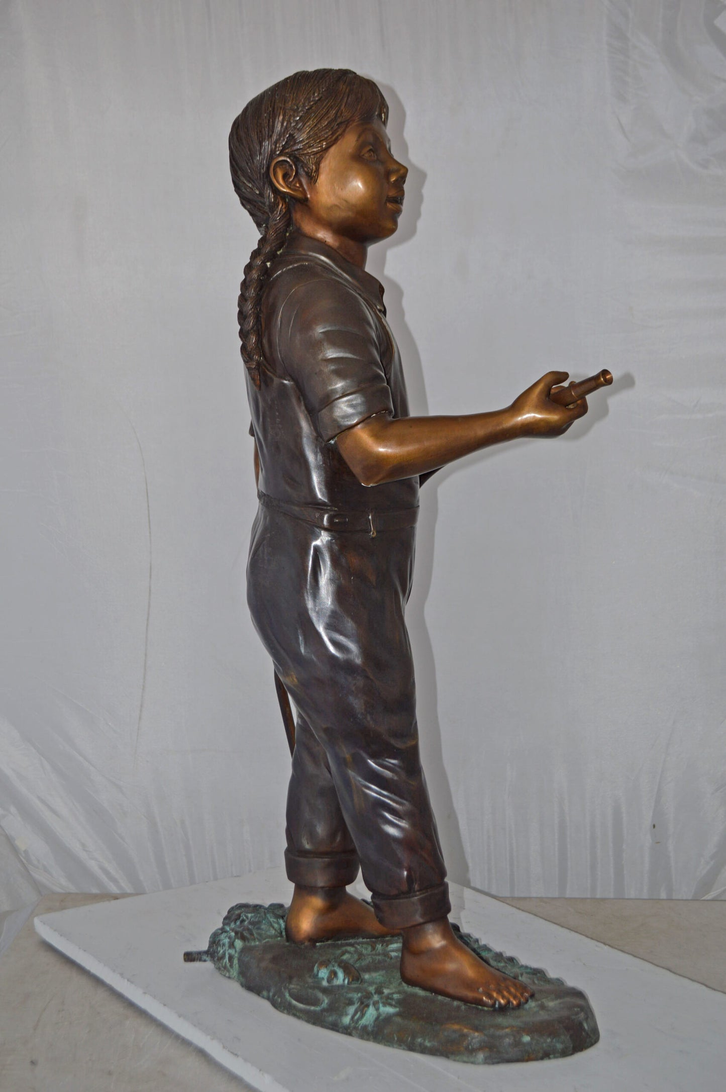 A Girl Holding A Garden Hose Bronze Statue Fountain - Size: 13"L x 20"W x 39"H.