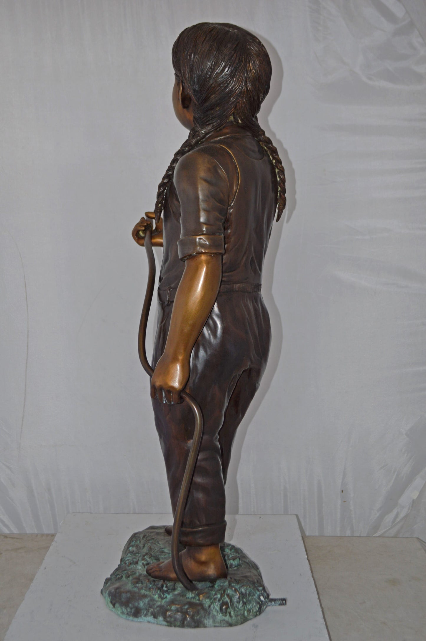 A Girl Holding A Garden Hose Bronze Statue Fountain - Size: 13"L x 20"W x 39"H.