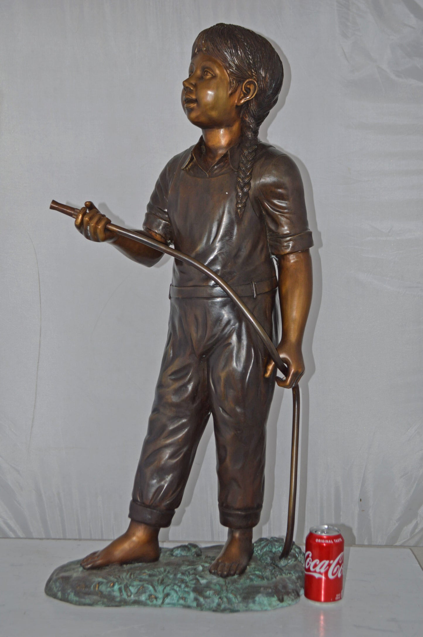 A Girl Holding A Garden Hose Bronze Statue Fountain - Size: 13"L x 20"W x 39"H.